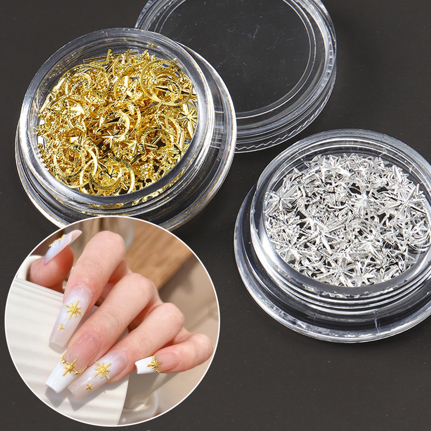 Star Nail Charm for Nails,3D Gold Silver Star Nail Art Charm 2Box Metal Five-Pointed Star Gold Silver Stars Moon Rivet Nail Accessories Metallic Studs