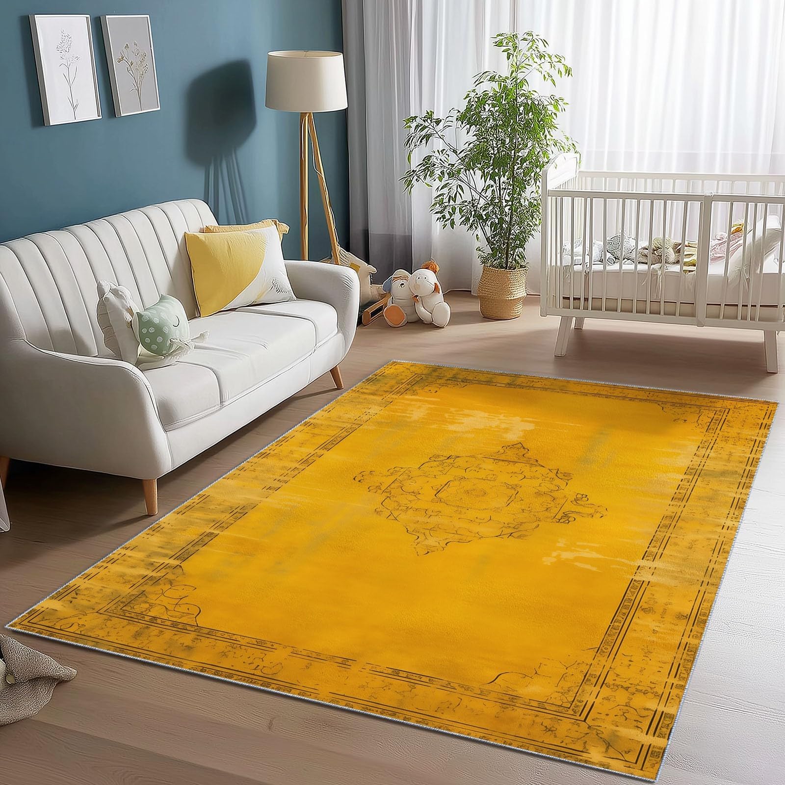 Tapis jaune 200x200 lavable à motif floral vieilli pour salon bohème