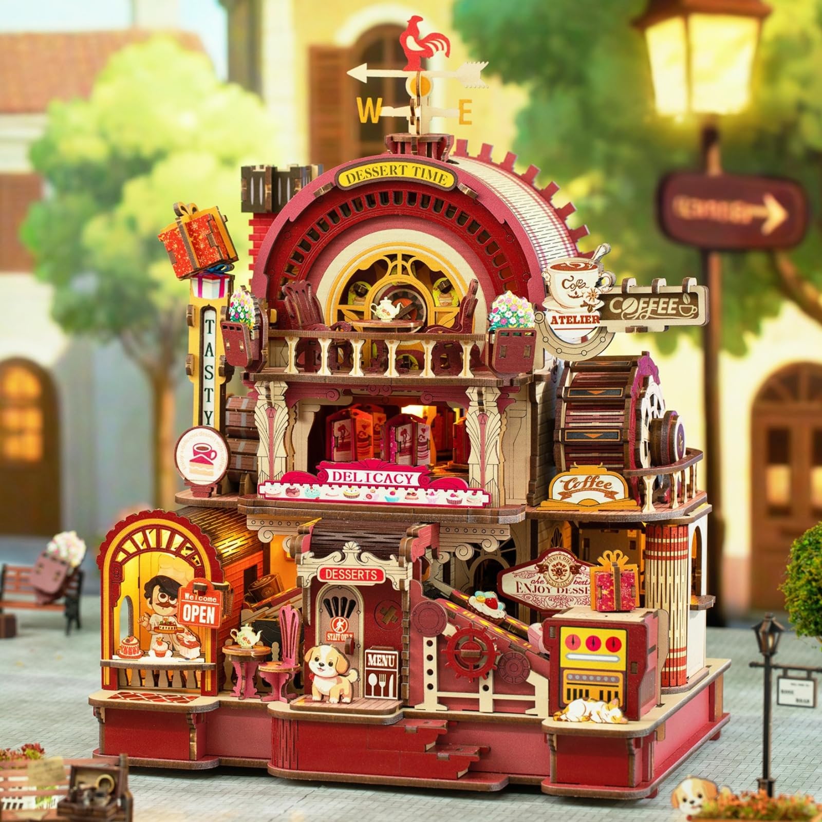 Photo 1 of Merrifete Dessert Atelier Self-Running Powered DIY Miniature House Kit – Movable Dessert & Coffee Lines Dollhouse Kit – Wood 3D Puzzles Tiny House Book Nook Christmas Halloween Birthday