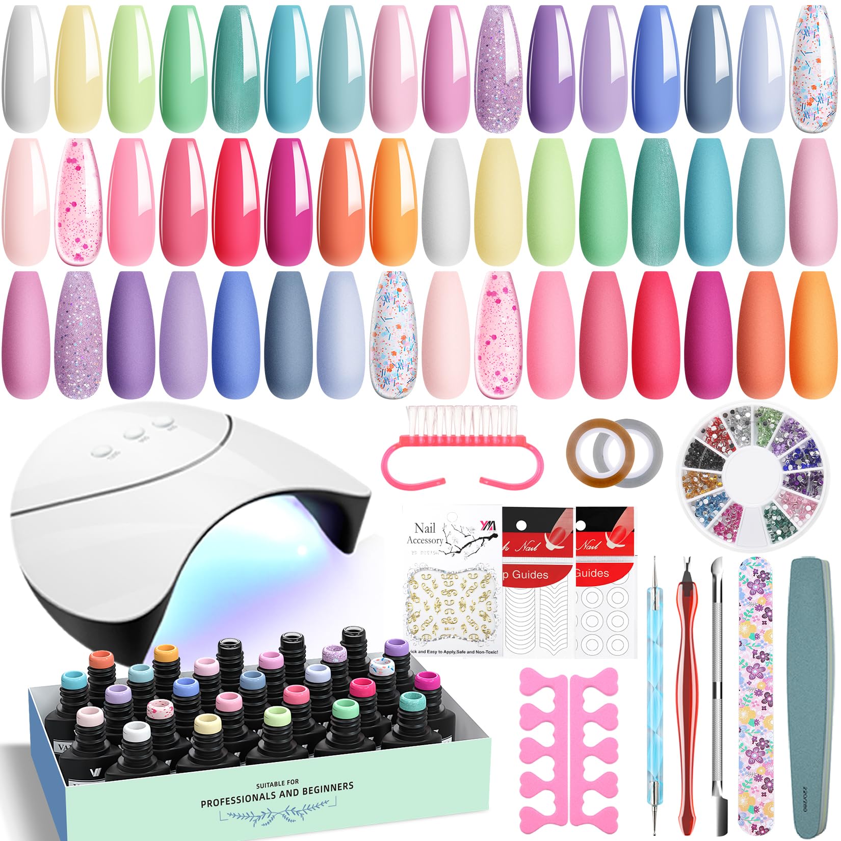 VANREESA 42 PCS Gel Nail Polish Set with U V Lamp 24 Colours Gel Nail Kit Pink Blue Purple Spring Colours U V Nail Polish Set with Base and Top Coat Salon Manicure Accessory Tools Gifts for Women
