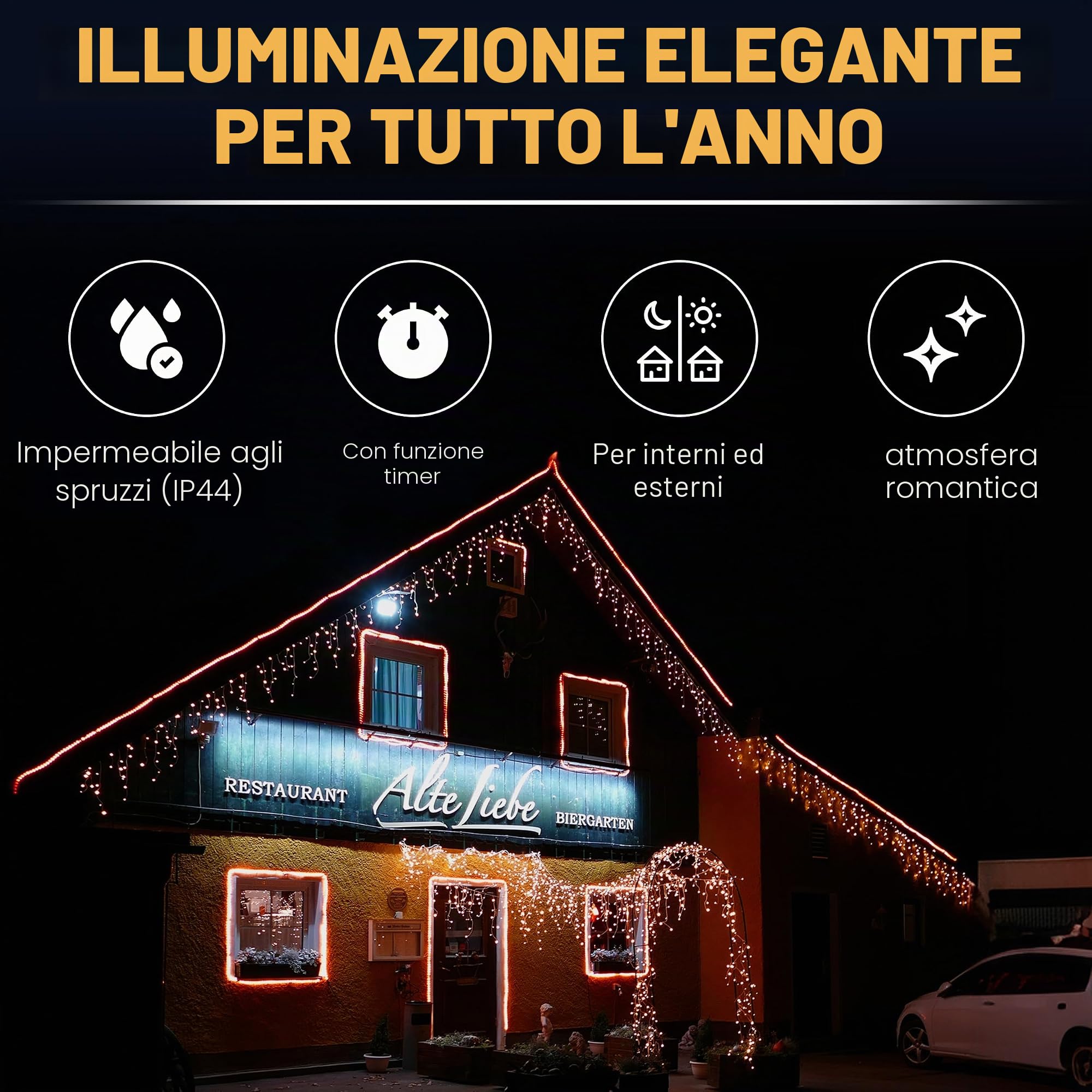 Gartenpirat catena luci pioggia ghiacciata 960 LED- 24m timer luce bianca calda