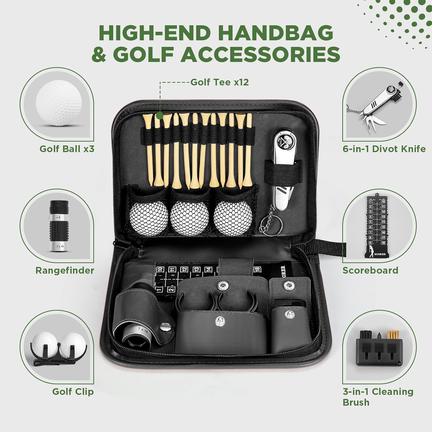 Golf Accessories for Men and Women for Golfers, Accessories Set in Hi-End PU Case with Golf Balls, HD Rangefinder, Golf Tees, Cleaning Brush, Divot Knife, Scorer, Golf Ball Clamp - Image 2