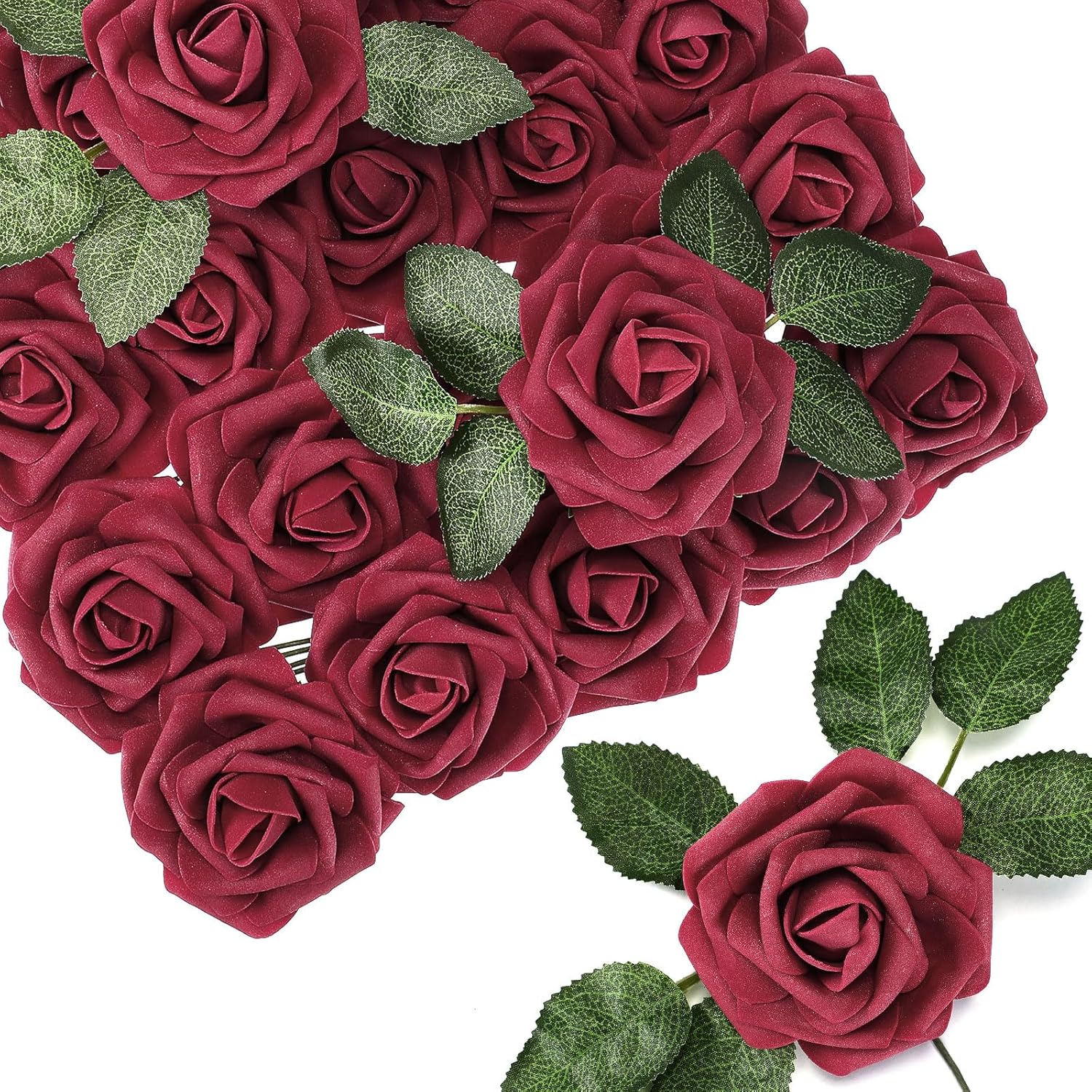 150 Pieces Artificial Roses Flowers Bulk Fake Roses with Long Stem Faux Bridal Flower Bouquets for DIY Wedding Centerpiece Arrangements Bridal Shower Party Home and Office Decor(Burgundy)