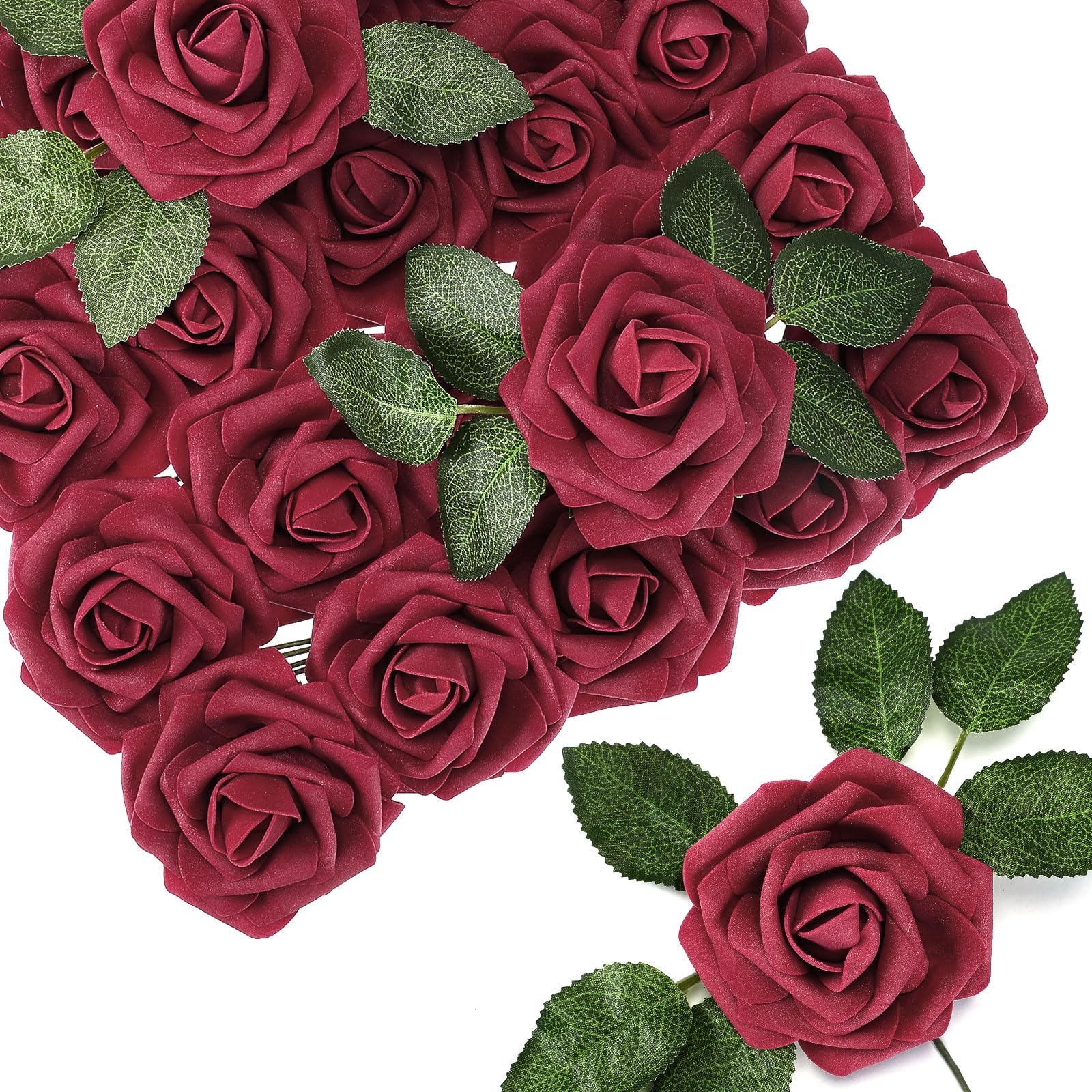 Photo 1 of 150 Pieces Artificial Roses Flowers Bulk Fake Roses with Long Stem Faux Bridal Flower Bouquets for DIY Wedding Centerpiece Arrangements Bridal Shower Party Home and Office Decor(Burgundy)