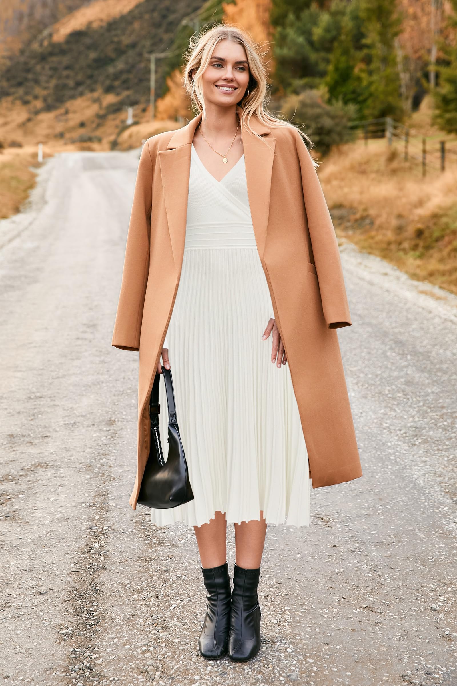 OUGES Strickkleid Damen Herbst 2025 Midi Plissee Langarm Winterkleider V-Ausschnitt Casual Herbstkleid Umstandskleider