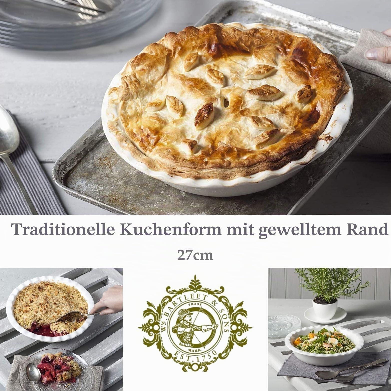 Wm Bartleet & Sons Traditionelle Kuchenform aus Porzellan, rund, mit gewelltem Rand, weiß, 27 cm