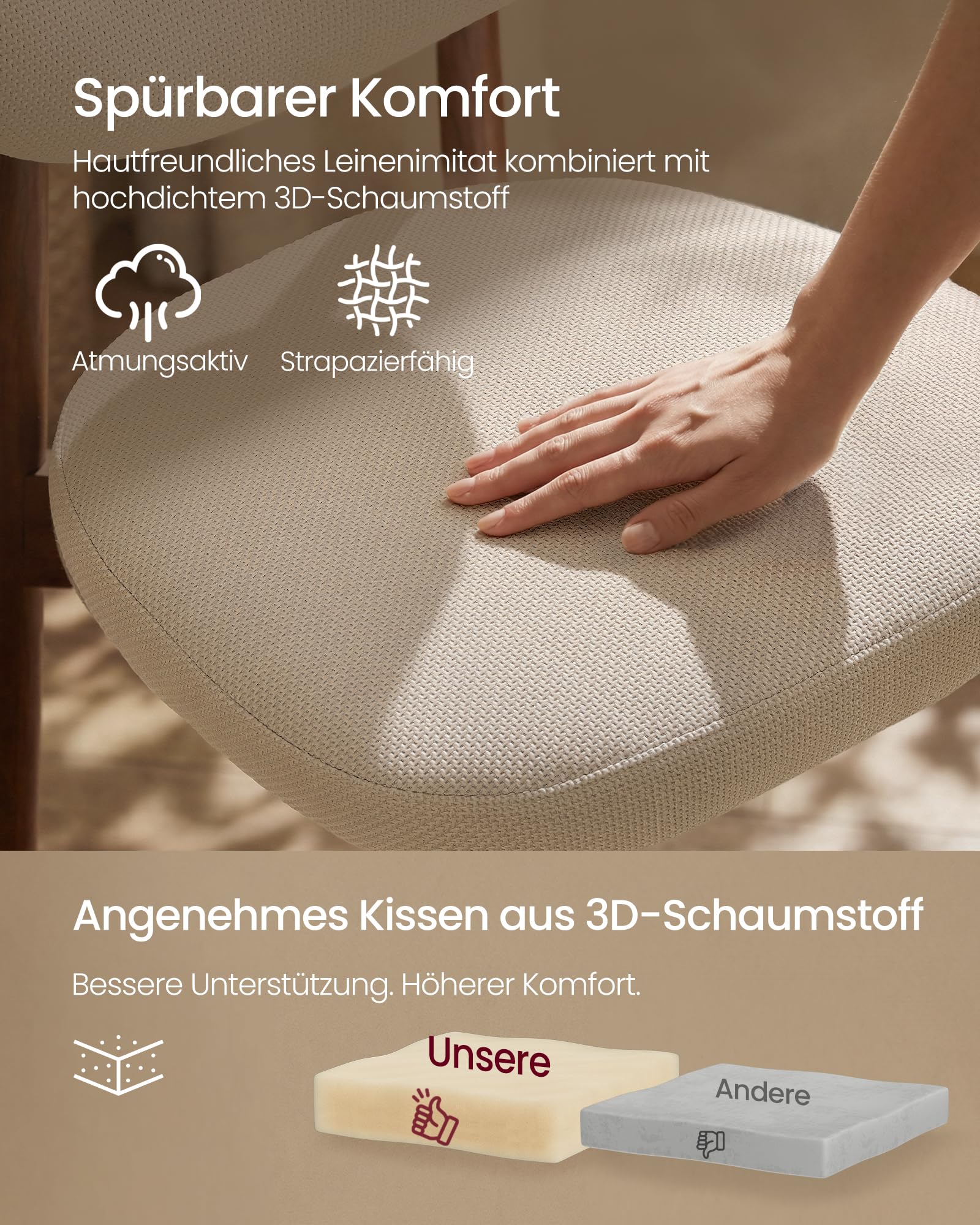 VASAGLE Esszimmerstuhl 6er Set, Küchenstuhl, Polsterstuhl mit Massivholzbeinen, ergonomische Rückenlehne, Aussparung als Griff, Mid-Century-Modern-Stil, Küche, cappuccinobeige KDC668L101-3J