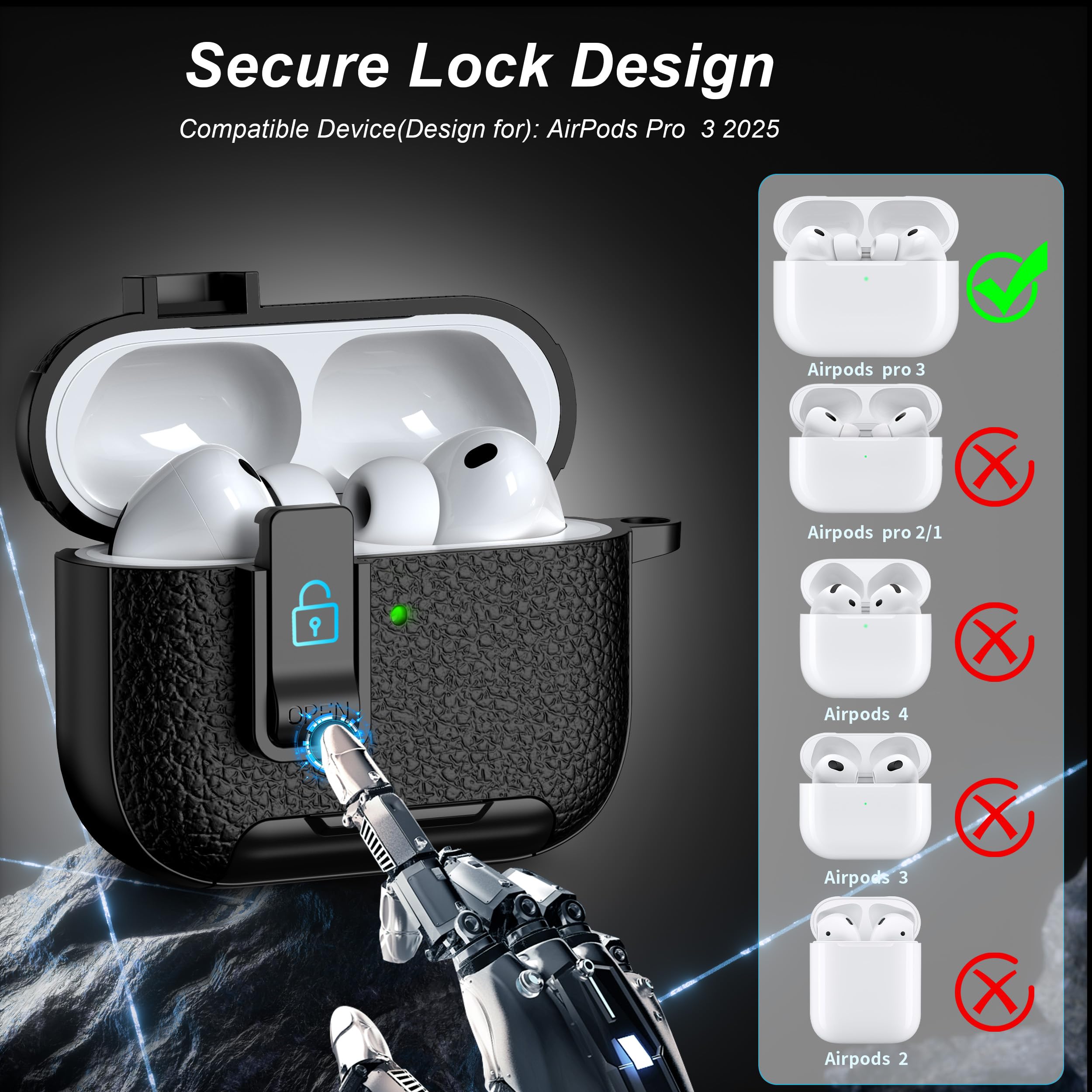 Compatibile con AirPods Pro 3a generazione Custodia con chiusura, Materiale TPU con Texture in pelle, Porta di ricarica antipolvere e funzione di supporto per Airpods Pro 3 Custodia, Nero