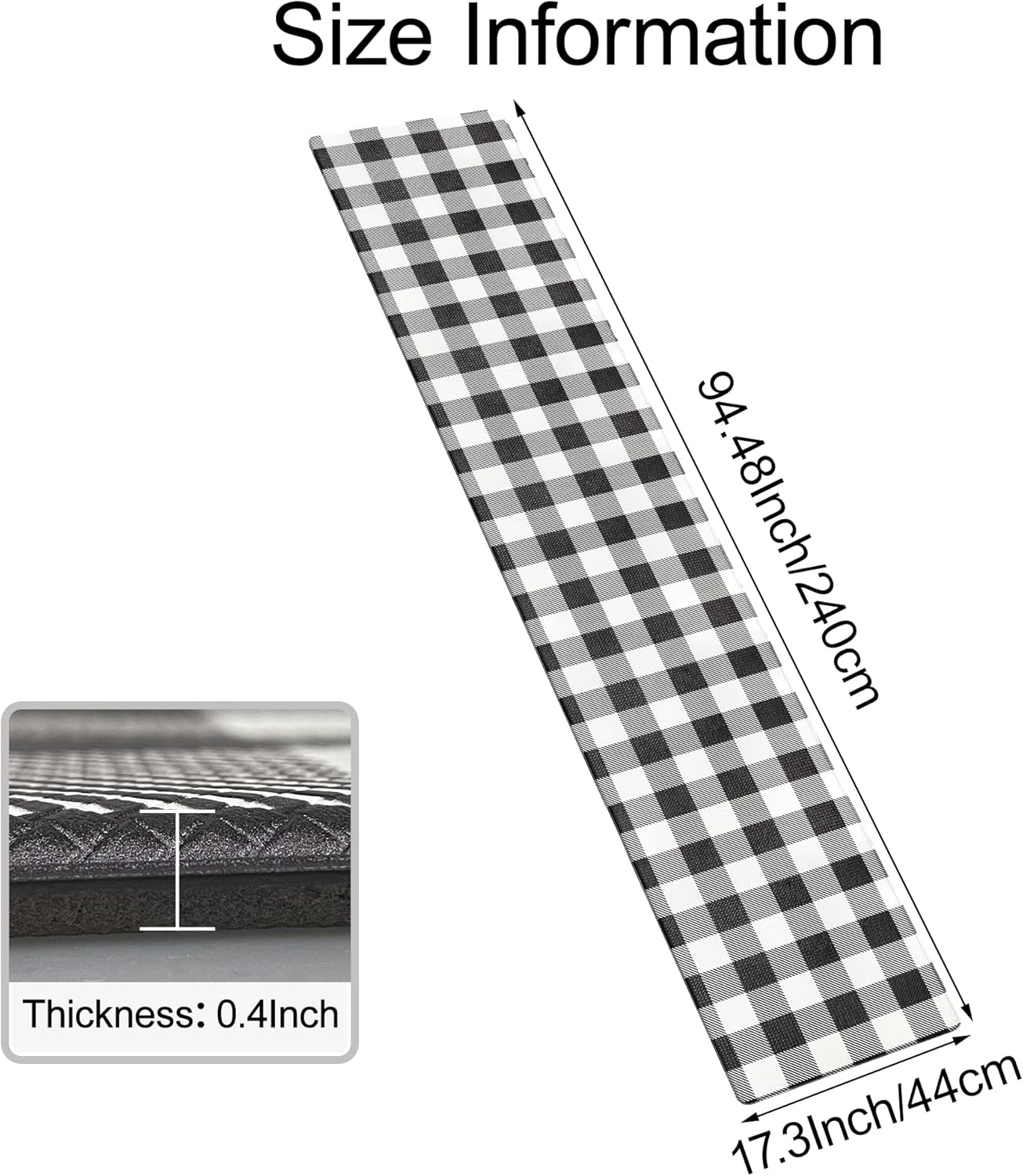 Long Kitchen Runner Rug 17.3x94 Inches Black White Buffalo Plaid Cushioned Anti-Fatigue Floor Mat Waterproof Non-Slip Comfort Mat for Kitchen, Office, Laundry Room