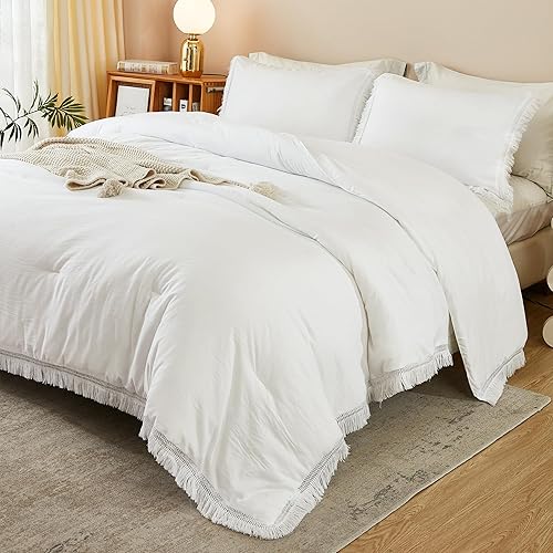 Litanika Juego de edredón blanco tamaño Queen, edredón bohemio con borlas estéticas, juego de ropa de cama ligero de microfibra con flecos de 3