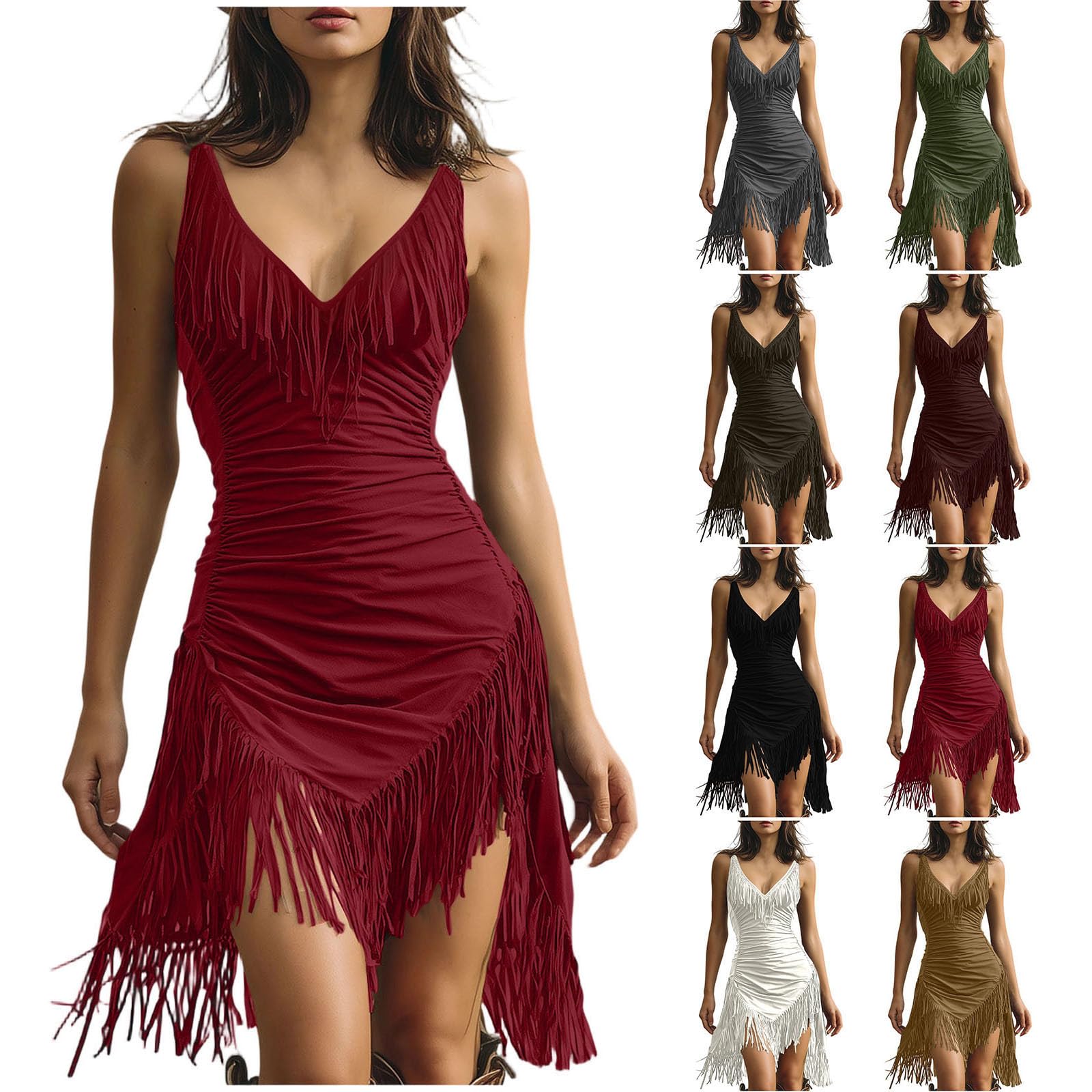 Fringe Dress Women's Short Carnival Costume Western Retro 70s Outfit Vintage Boho Hippie Clothing V Neck Curvy Sexy Cowboy Sleeveless Festival Party Dress Tassel Dresses Red