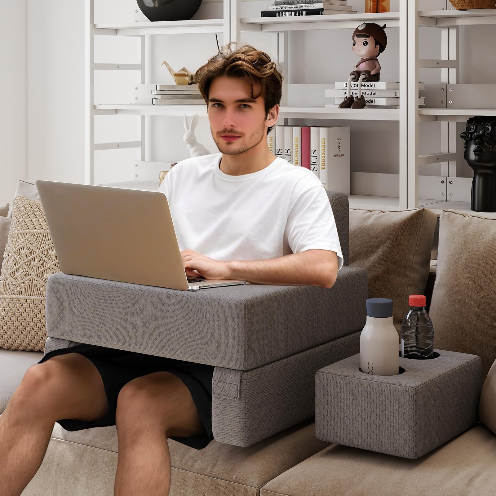 LIFEZEAL Cojin de Lectura con Posavasos Cojín de Espalda y Bolsillo de Almacenamiento, Almohadas de Lectura Escritorio Ergonómica con Reposabrazos, Respaldo Cama para Leer, Trabajar, Hacer Ganchillo
