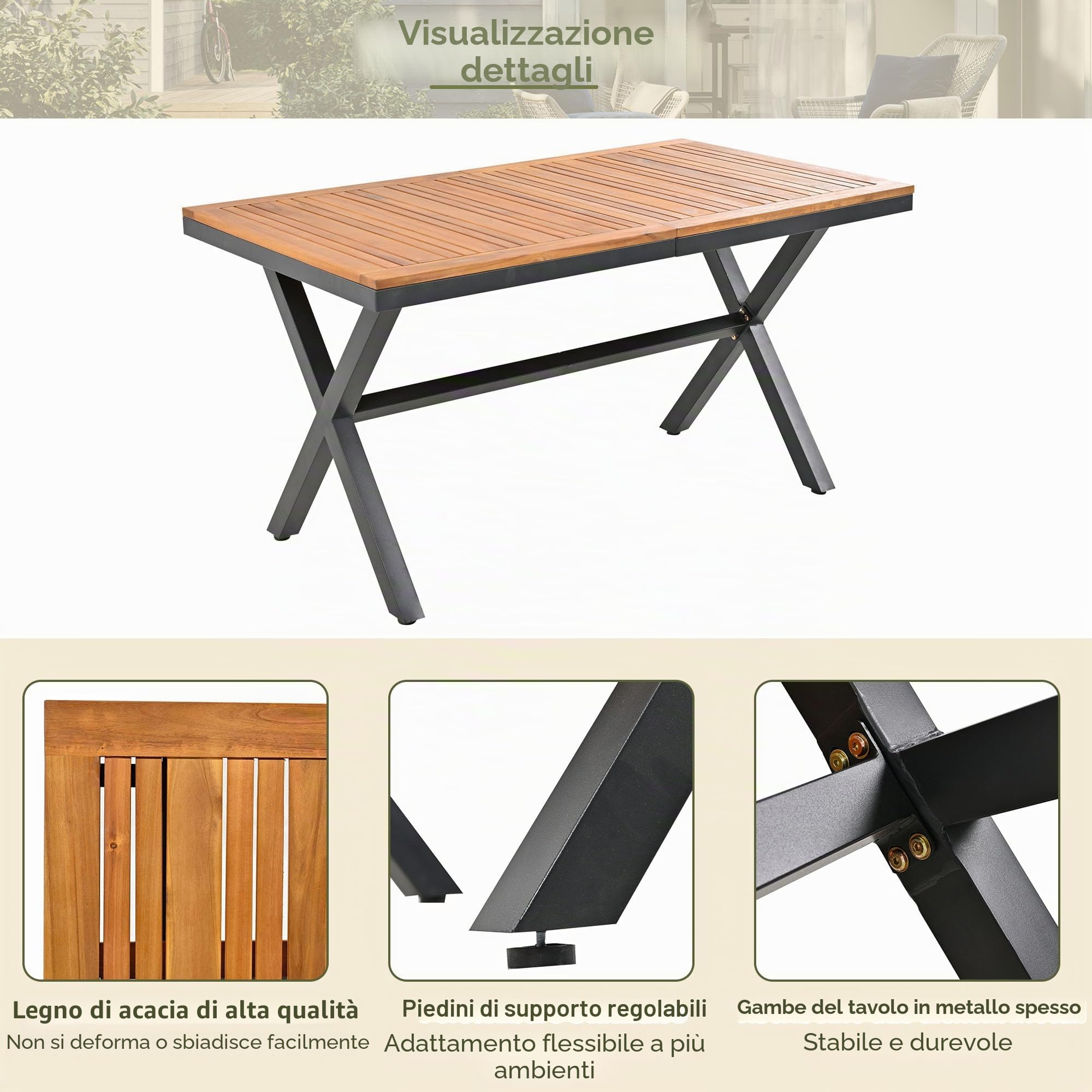 Set da Pranzo da Giardino 7 Pezzi, Set da giardino in Corda per 6 persone, 6 Poltrone e 1 Tavolo in legno di acacia, Mobili da giardino, Balcone