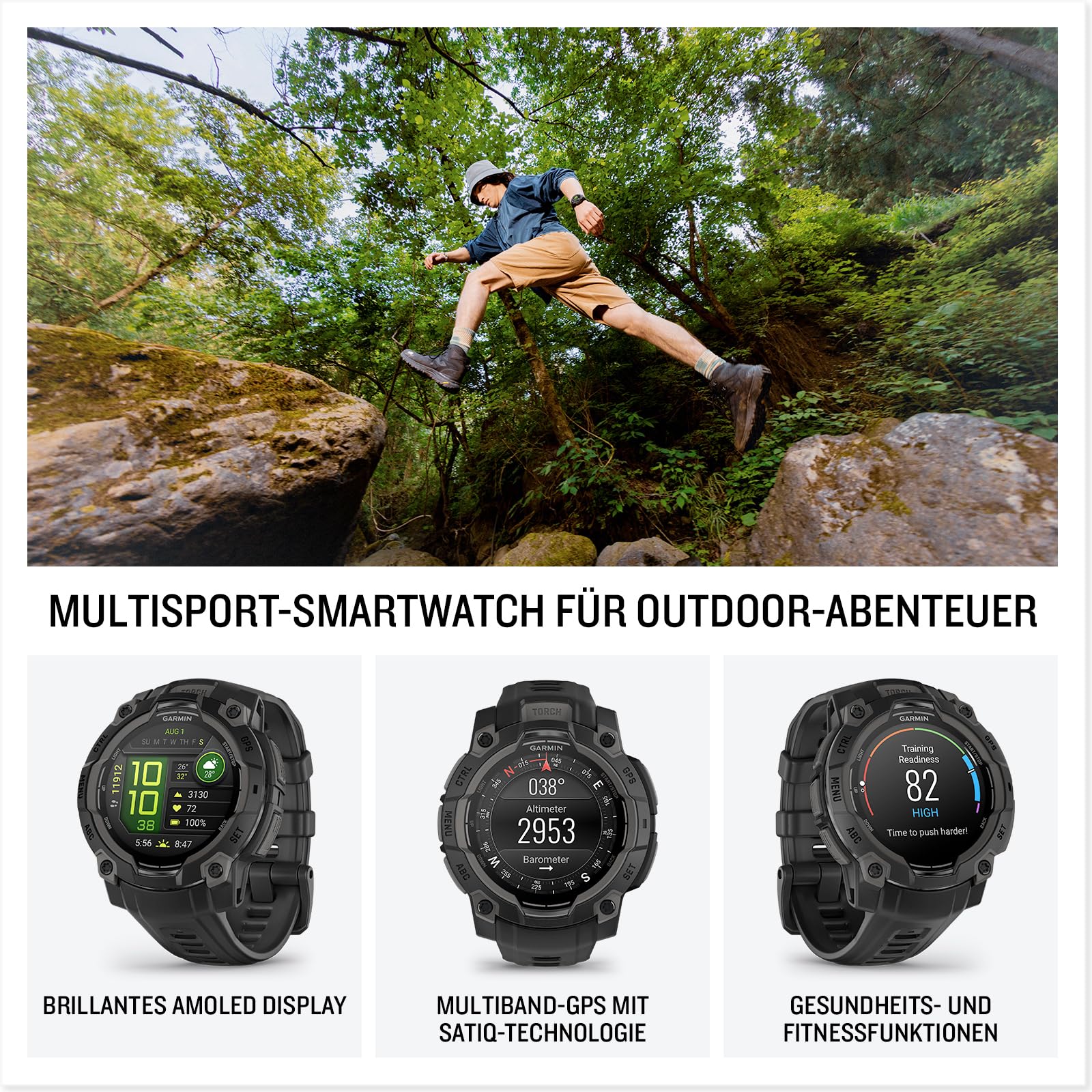 Garmin Instinct 3 45mm AMOLED Multisport-Smartwatch, 1,2" Display, 18 Tage Akkulaufzeit, 80+ Sport-Apps, Navigation, LED-Taschenlampe, wasserdicht