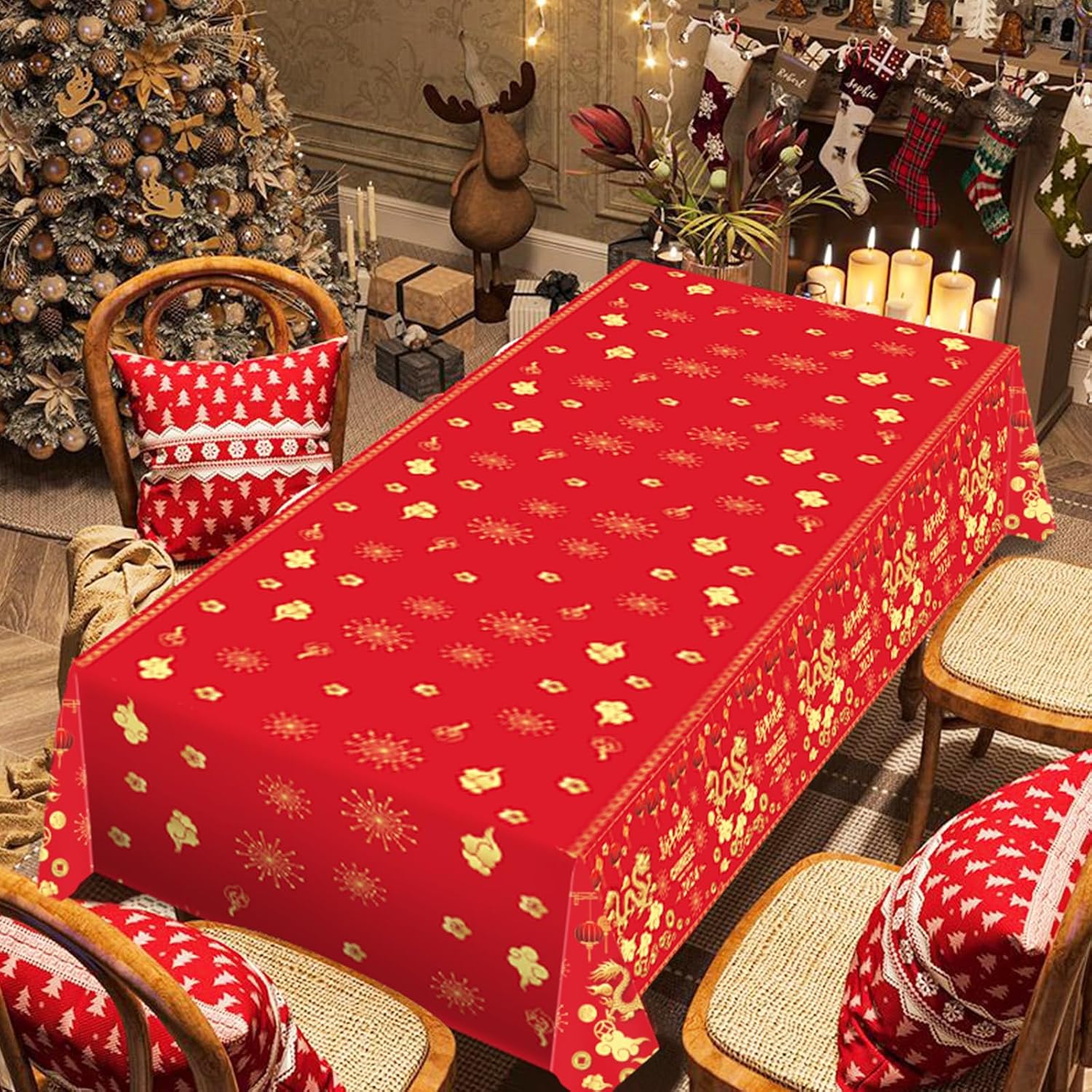2Pcs 2024 Chinese New Year Decorations Table Runner,54*108Inch Year Of The Dragon Printed Tablecloth Red Plastic Lunar Spring Festival Waterproof Asian Cover Party Supply For Kitchen Dining Home Decor
