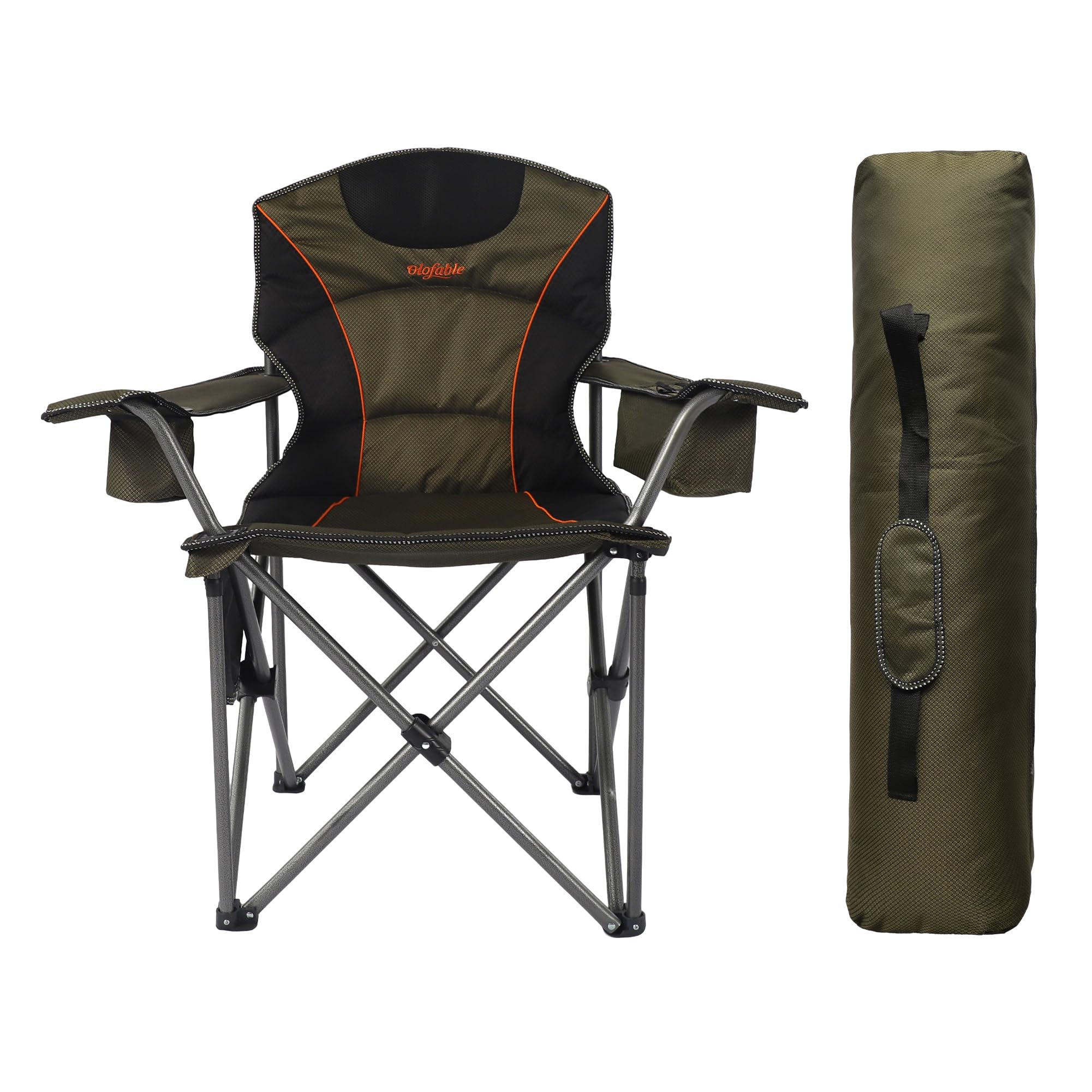 Oversized Camping Folding Chair, Heavy Duty 450 LBS Steel Frame Collapsible Padded Armrest with Cup Holder & Lumbar Back Support, Portable Quad Design for Outdoor/Garden/Beach/Home (1, Green)
