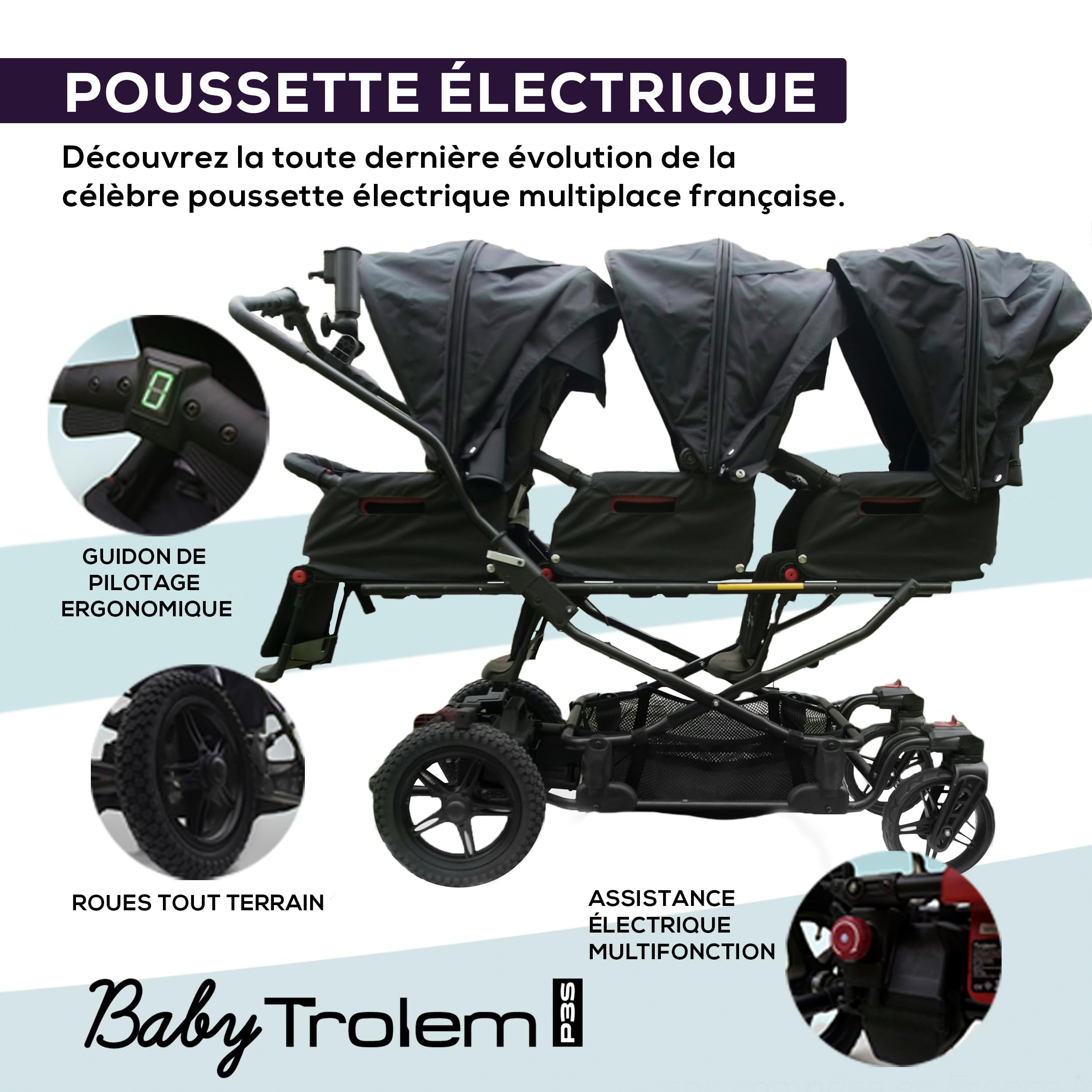 Poussette électrique pliable et modulable 2-3 places (0-4 ans) – moteur et batterie rechargeable, frein parking, écran de contrôle, sac isotherme & bracelet de sécurité