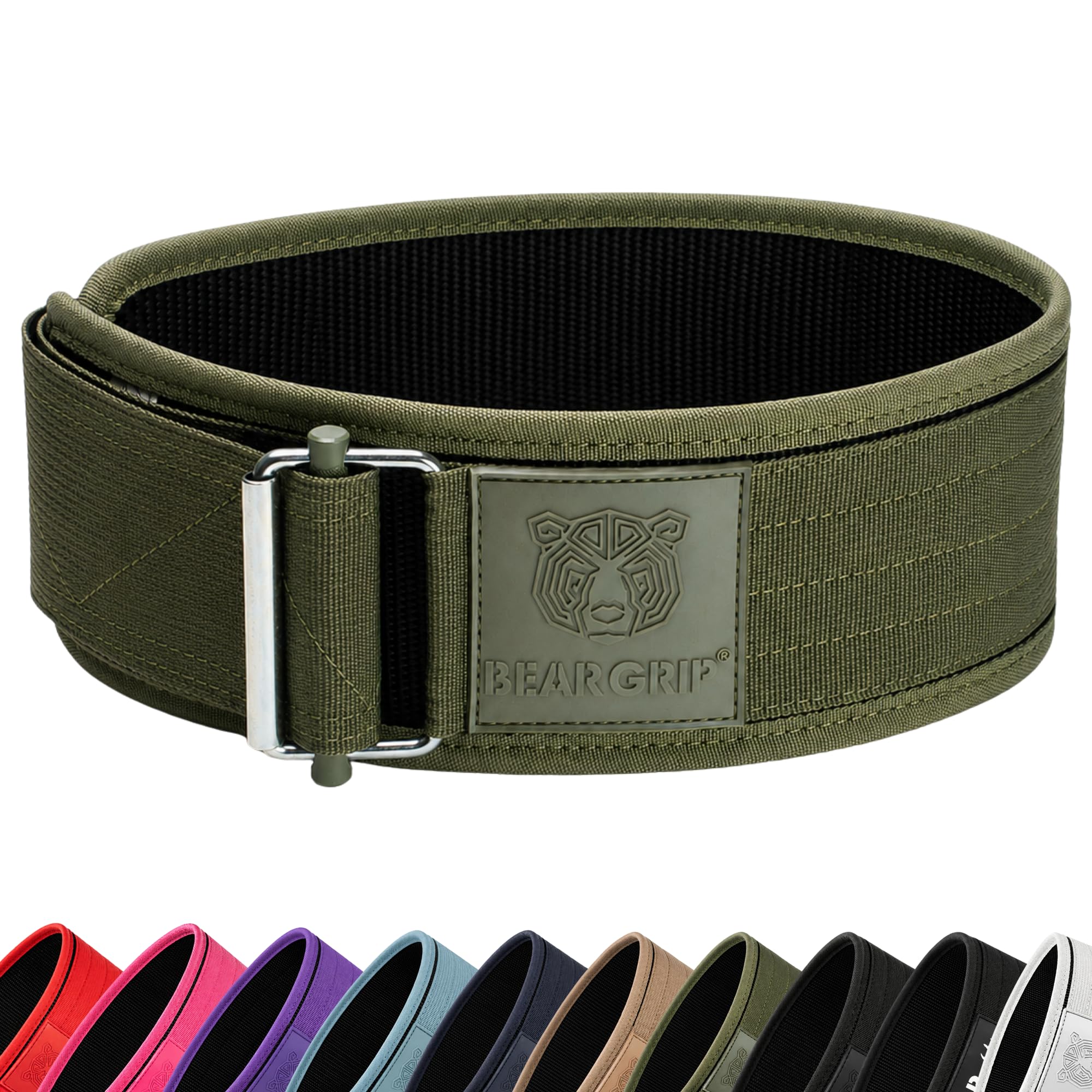 BEAR GRIP - Self-Locking Weight Lifting Belt, Premium Weightlifting Belt for Crossfit, Power Lifting, Bodybuilding, Lifting Belt for Men and Women, Workout Belt for Liftin (Khaki, M)