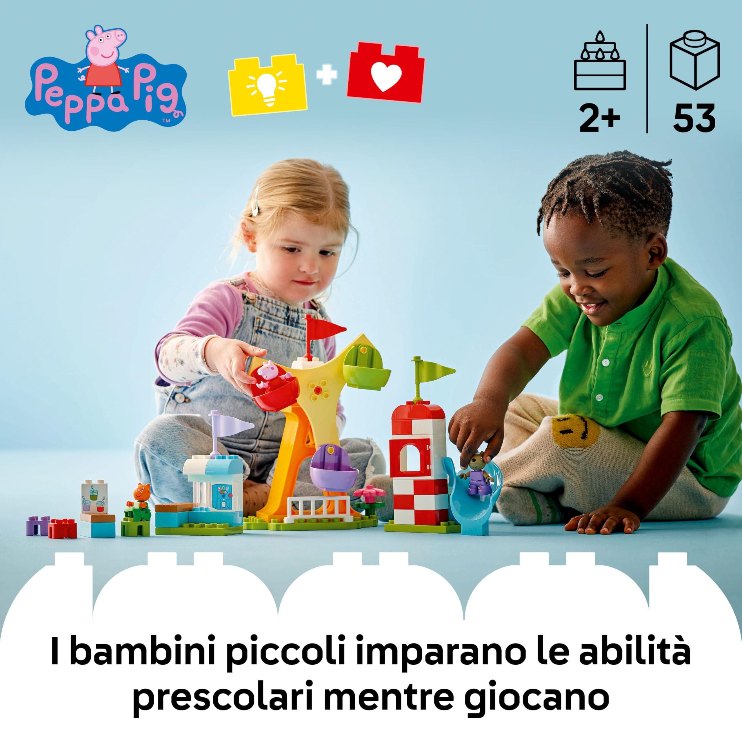 LEGO DUPLO Peppa Pig Luna Park - Gioco per la Motricità Fine per Bambini da 2 Anni - Ruota Panoramica, Scivolo, Bar e 3 Figure tra cui Candy Gatto e Danny Cane - Attività per Sviluppo Precoce - 10453