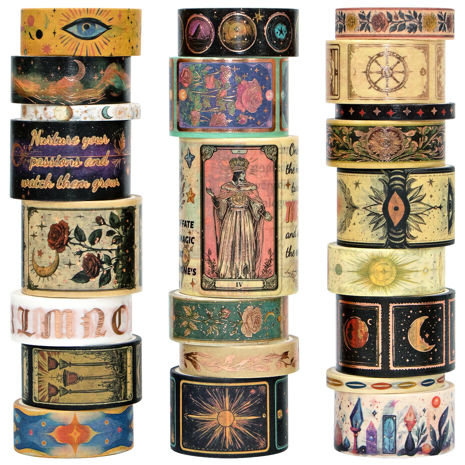 Gold Foil Washi Tape Set – 23 Rolls Tarot Washi Stickers Vintage Decorative Tapes for Journaling Supplies, Scrapbooking, DIY Crafts, Junk Journal, Craft Supplies, Cards (Celestial Symbols/ Starry/ Mag