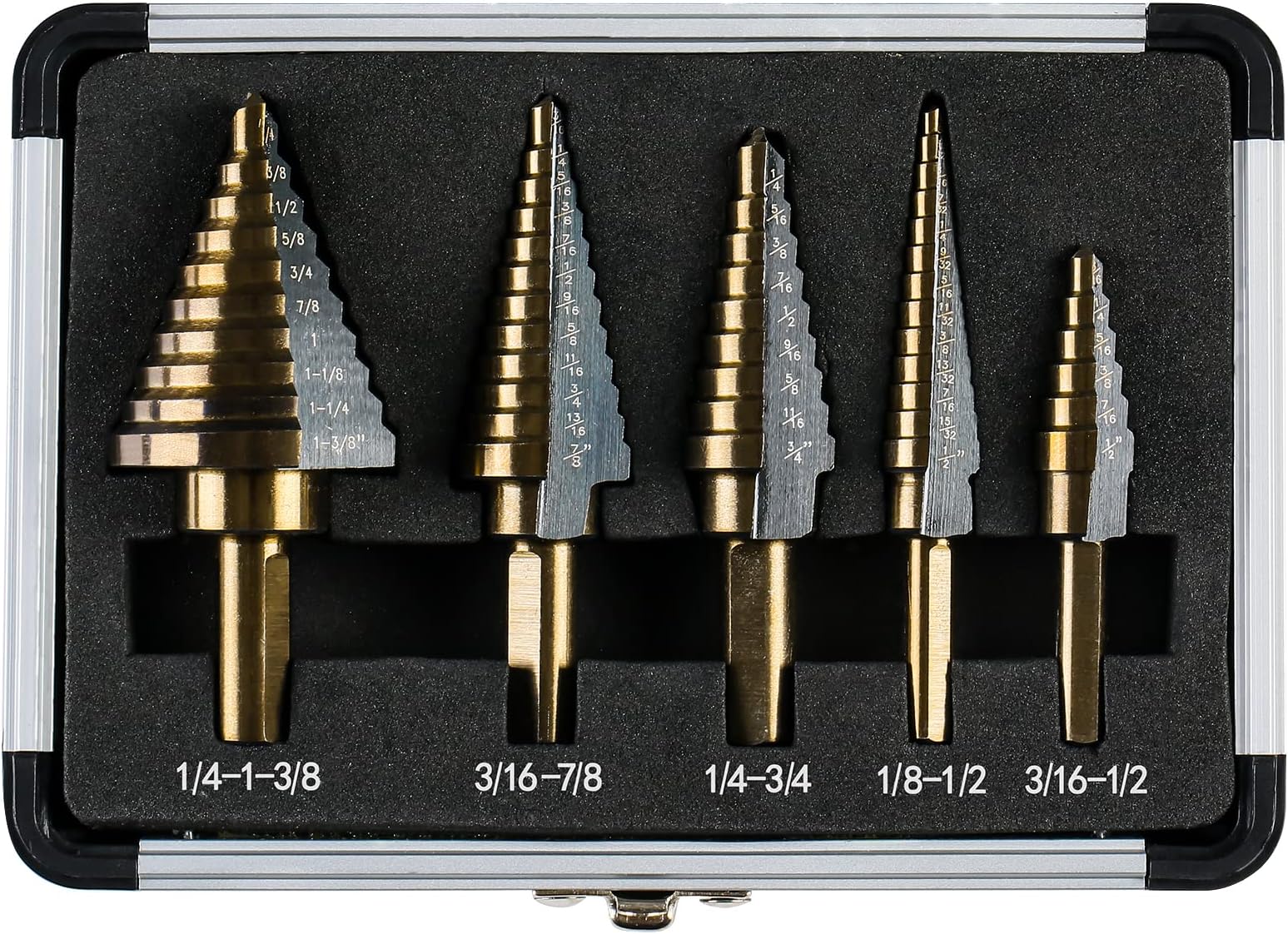 Step Drill Bits, 5PCS HSS Titanium Step Drill Bit Set, 50 Sizes High Speed Steel Step Bits for Metal with Aluminum Case