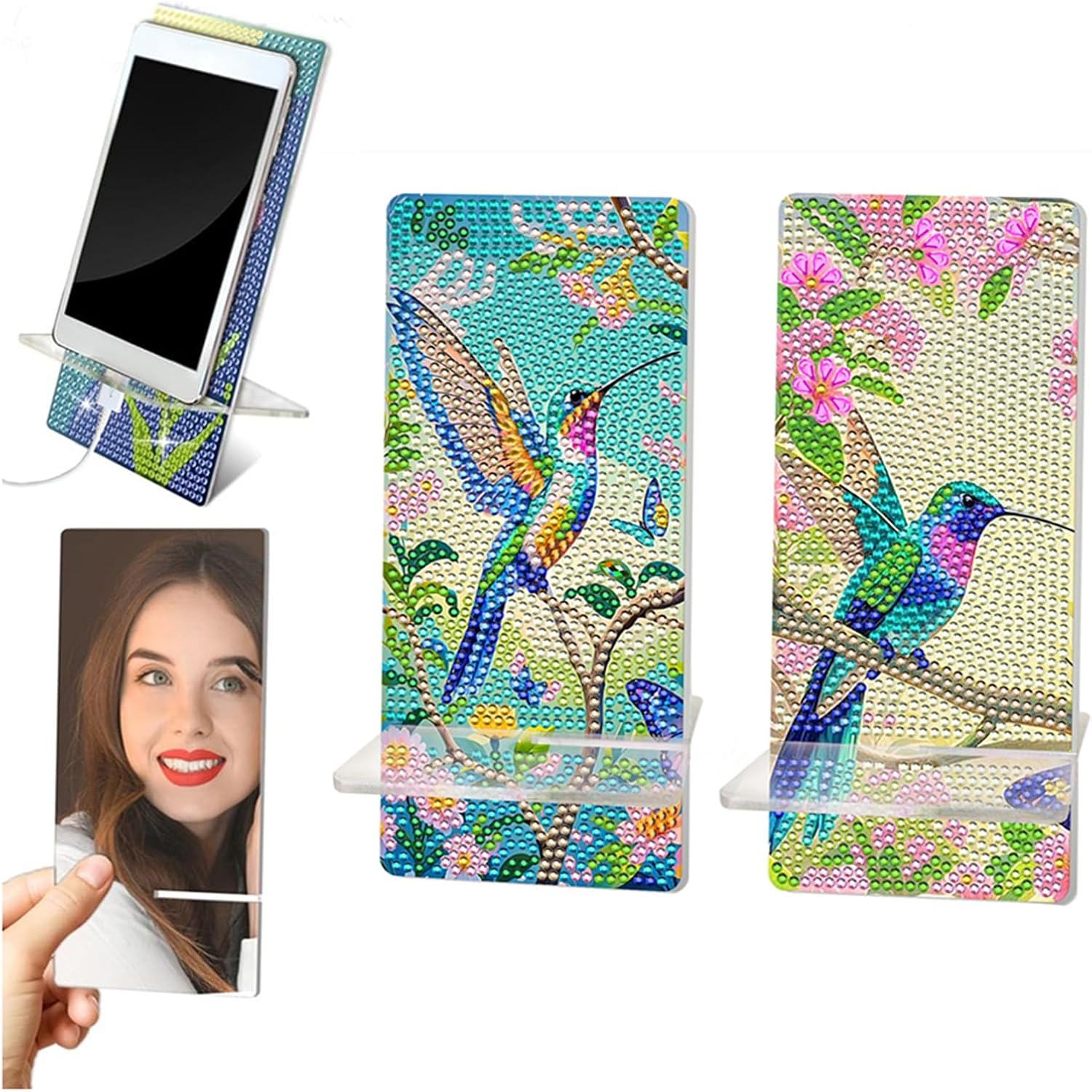 NUFTVI 2 Pack Diamond Painting Phone Holder, DIY Full Crystal Diamond Art Phone Holder and Mirror, Craft Art Kits for Beginner Adult