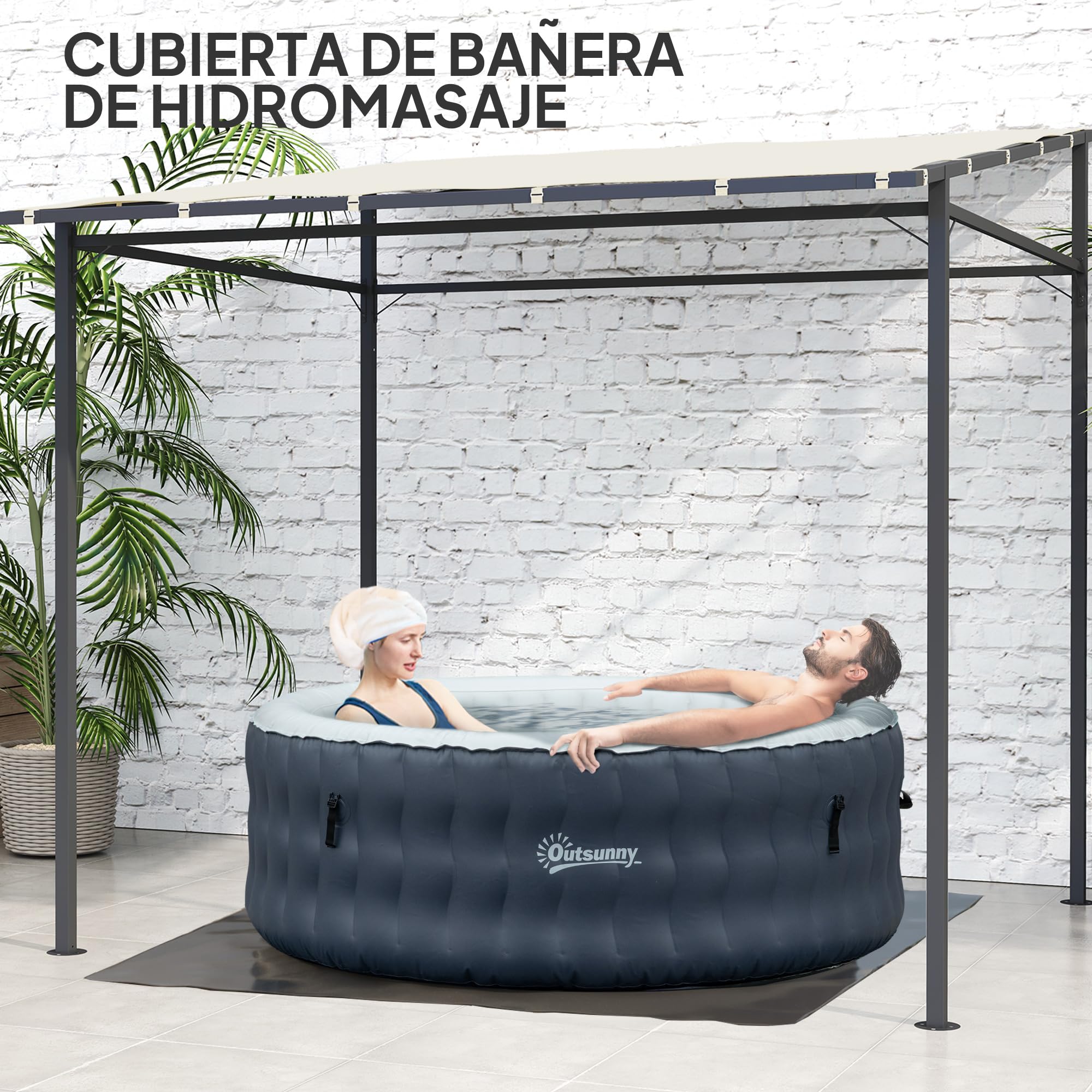 Outsunny Pérgola de Pared 2,4x2,4 m Cenador de Jardín Protección UV 30+ con Techo Inclinado Impermeable y Marco de Metal para Terraza Patio Balcón Crema