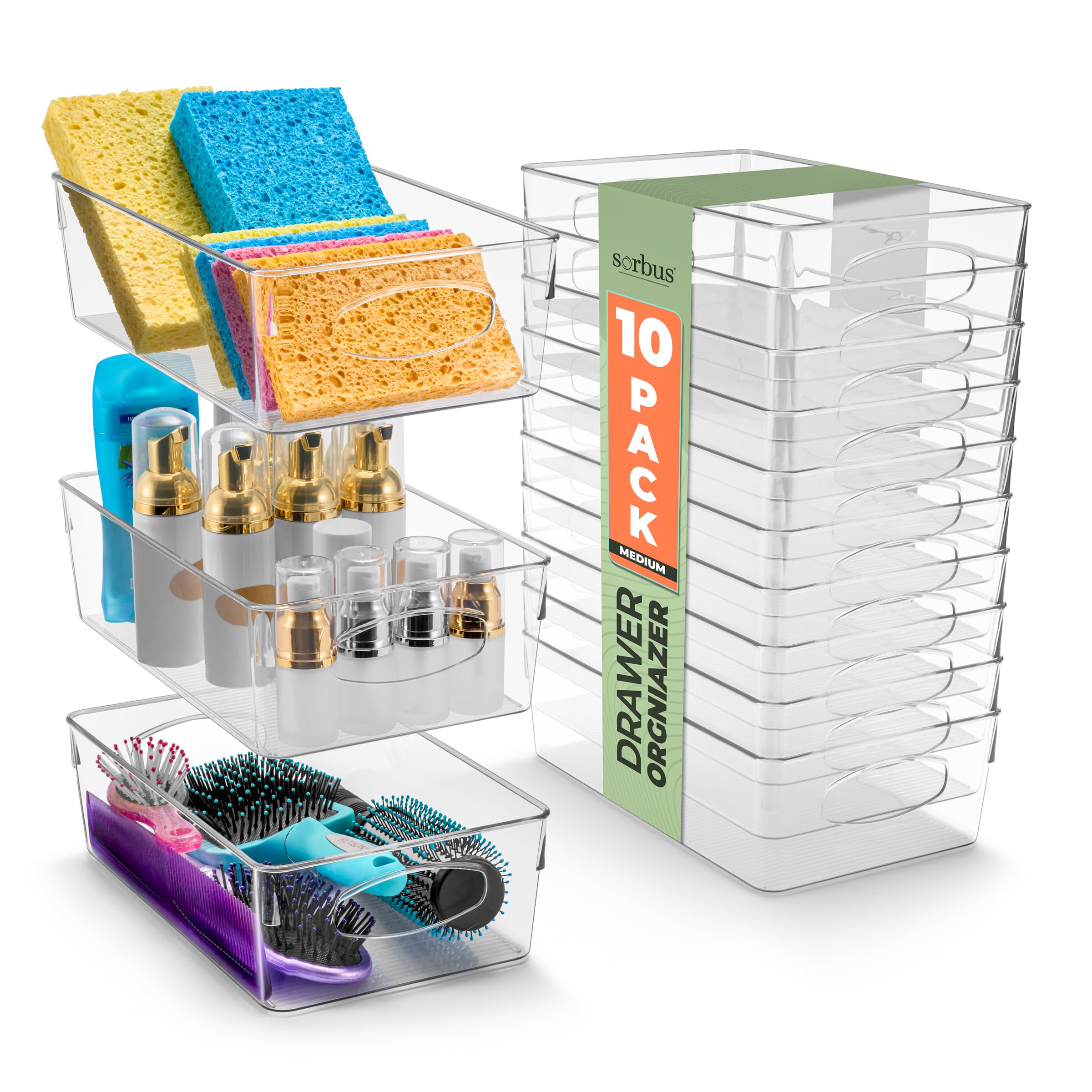 Sorbus Medium Clear Plastic Storage Bins for Organizing, 10 Pack Clear Organizer Bins with Handles Plastic Storage Bins for Closet, Pantry, Fridge,