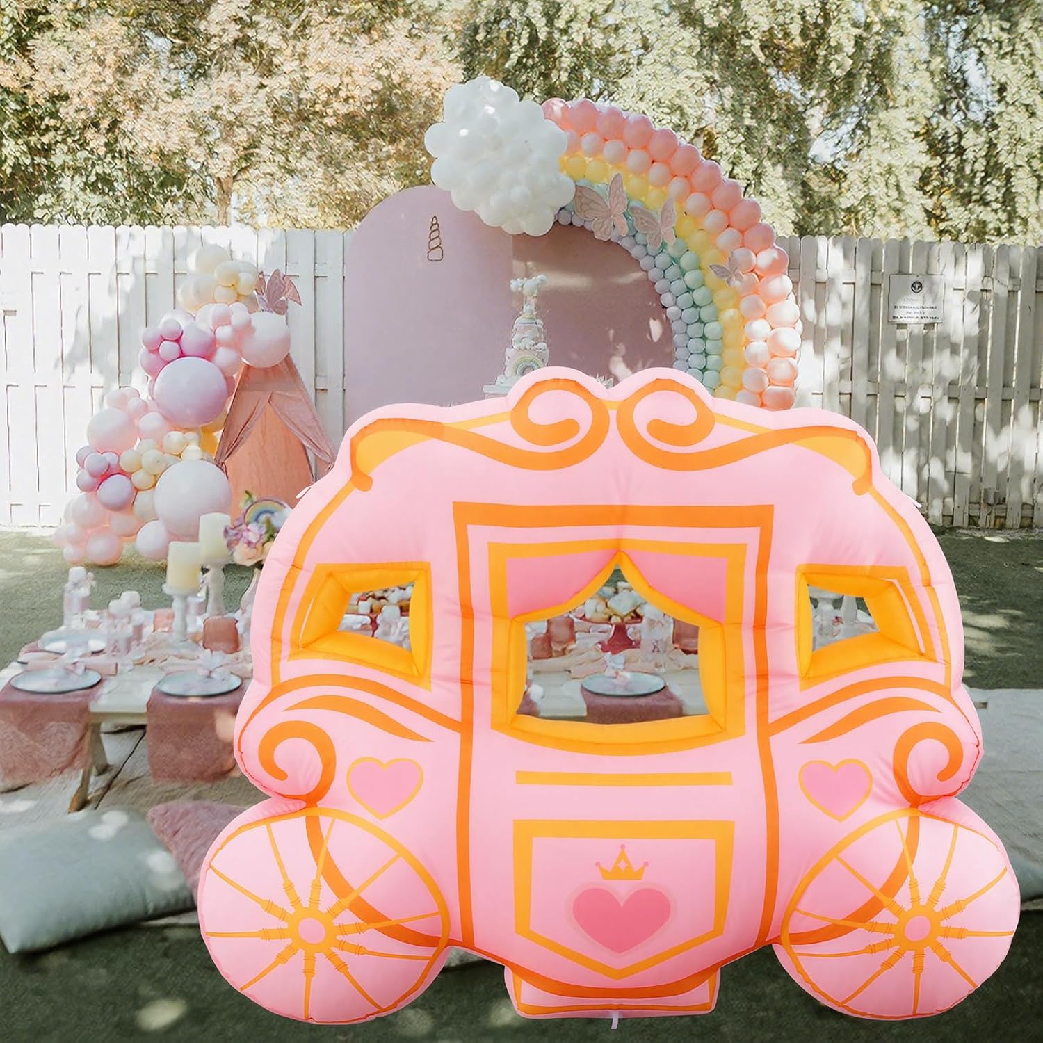 Soulchen 5 ft Princess Carriage Inflatable Outdoor Decoration Built-in Blower Pink Princess Birthday Party Decoration Photo Props Yard Sign for Girl Themed Party Patio Outdoor Decor