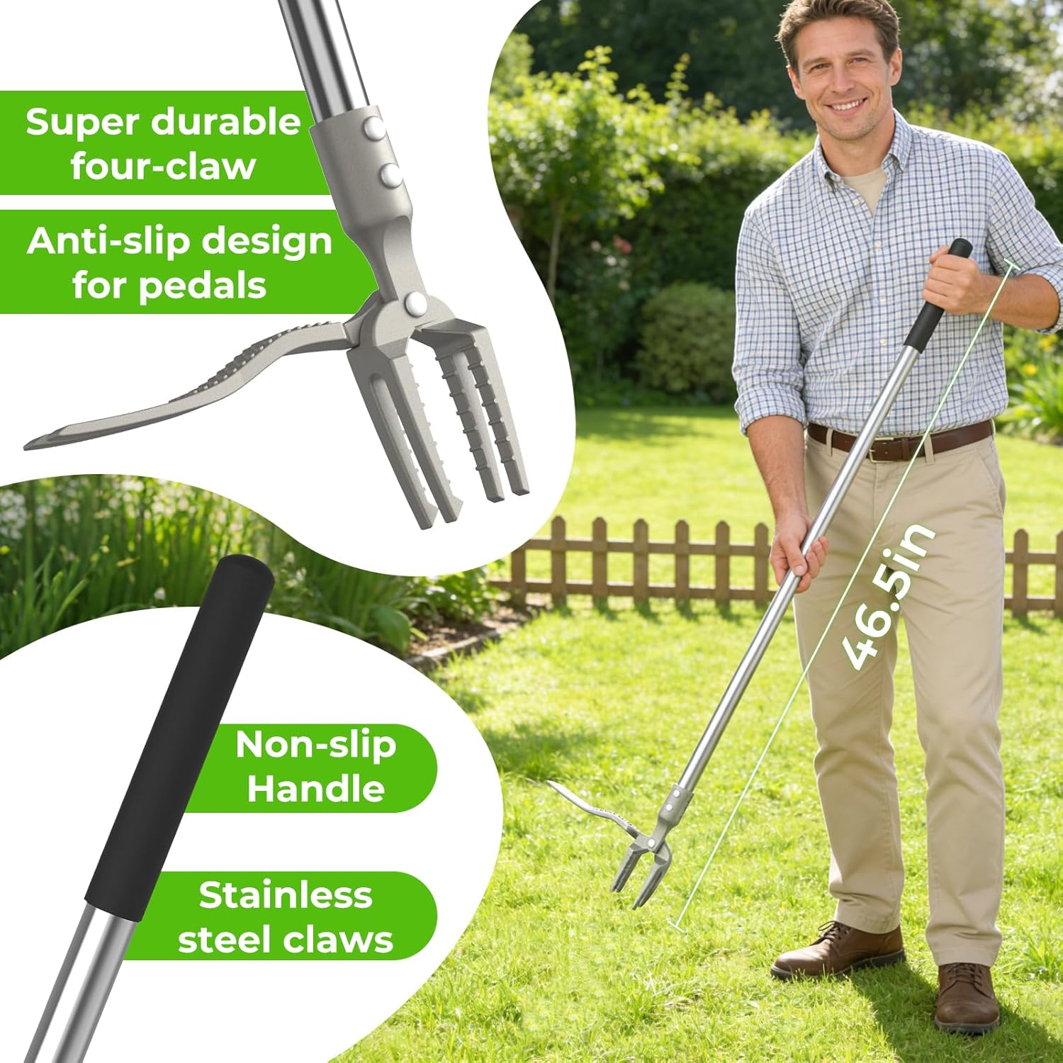 Manual Weed Puller Tool, 47" One-Piece No Assembly Stainless Steel Weeder with Long Handle, Stand Up Heavy Duty Hand Weeding Tool for Garden Lawn Patio Yard Dandelion Root Removal
