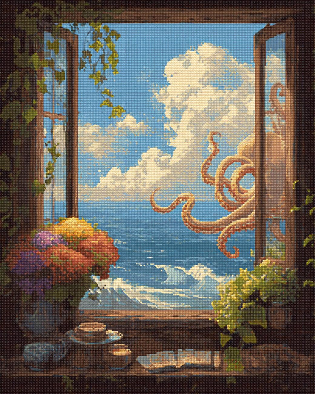 RKFLGEW DIY Embroidery Set Octopus Outside The Window 40x50cm