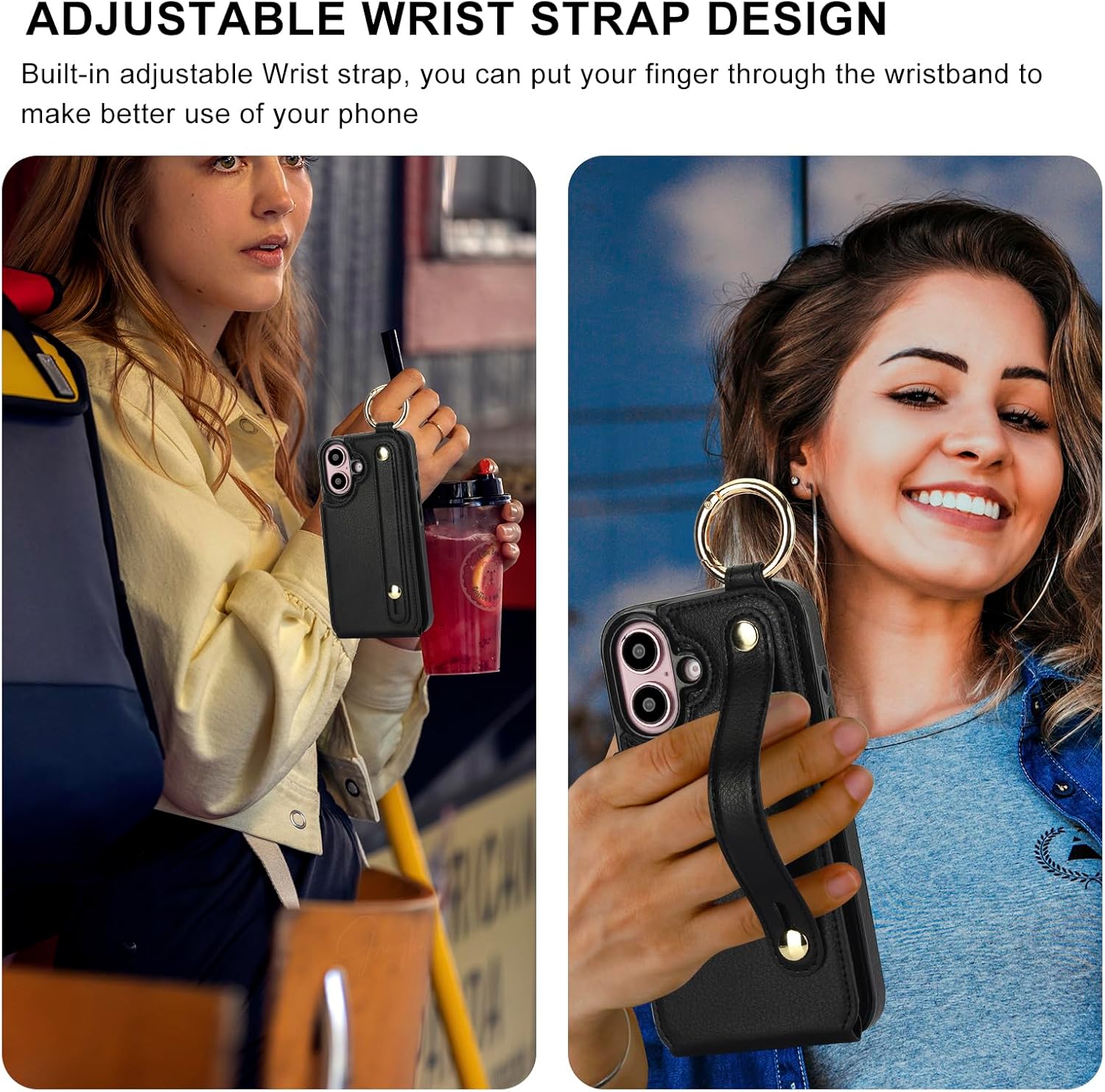 Folosu for iPhone 16 Wallet Case with Card Holder, Hand Wrist Strap Loop Holder Kickstand, RFID Blocking Finger Grip Ring PU Leather Double Buttons Shockproof Cover 6.1" Black - Image 3