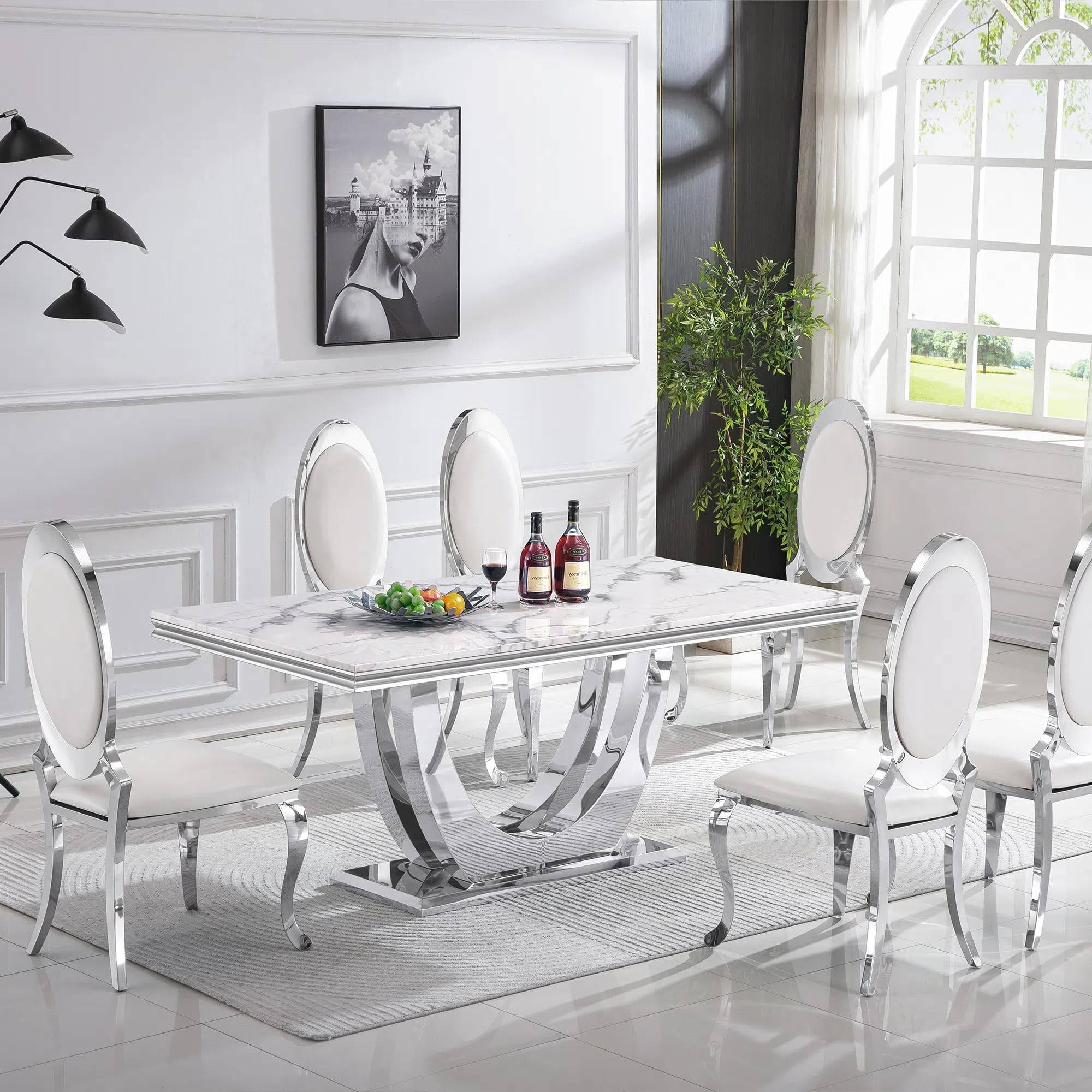 Nimaolt 68" Modern Faux Marble Dining Room Table Set for 6,Luxury White Kitchen Table Set for 6 with Silver Steel Base,7 Piece Rectangle Dining Table