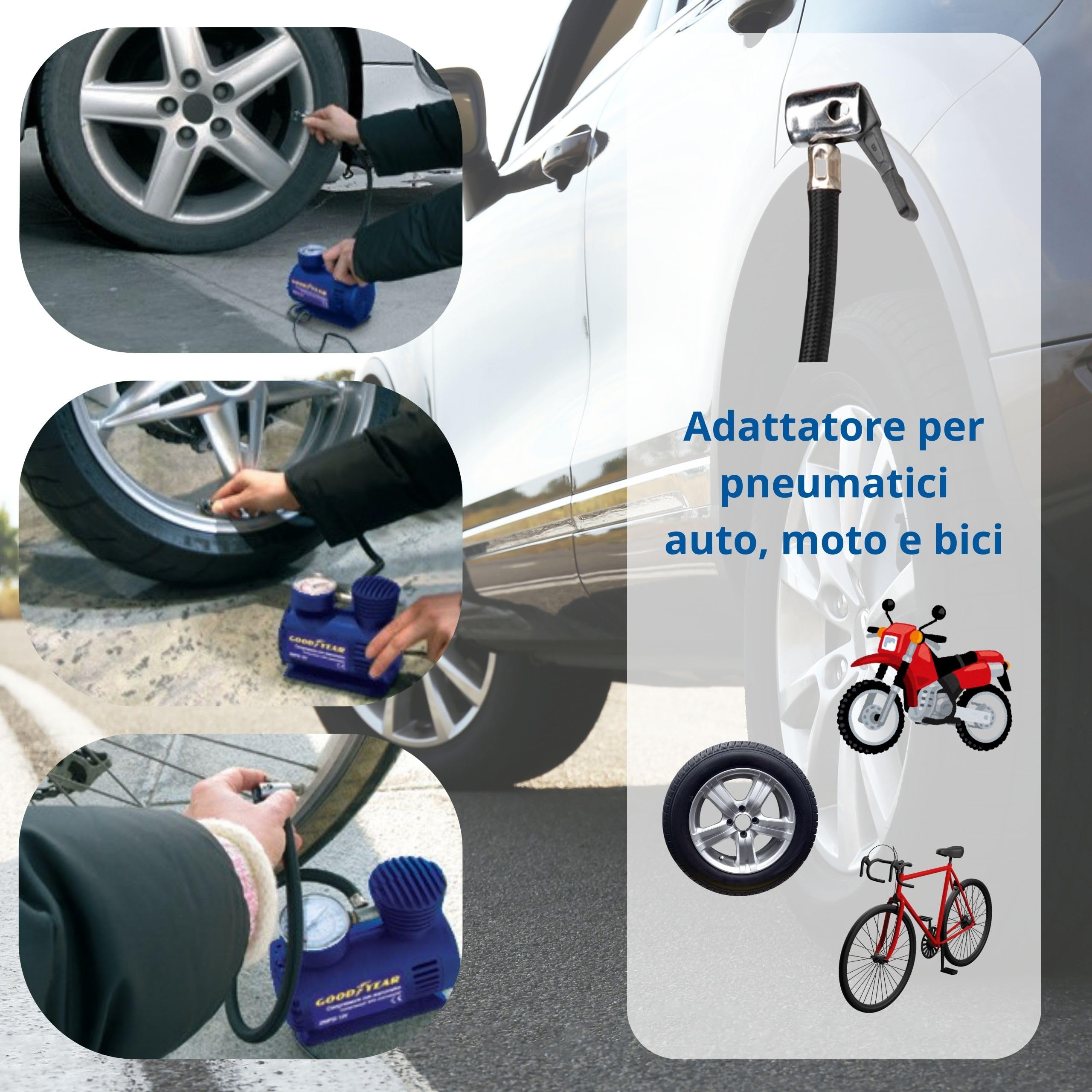 Goodyear Compressore con Manometro 12V 250 PSI, per Auto, Moto, Bici e Attrezzature Sportive, con 4 Accessori inclusi, Attacco Presa Accendisigari, Compressore Portatile