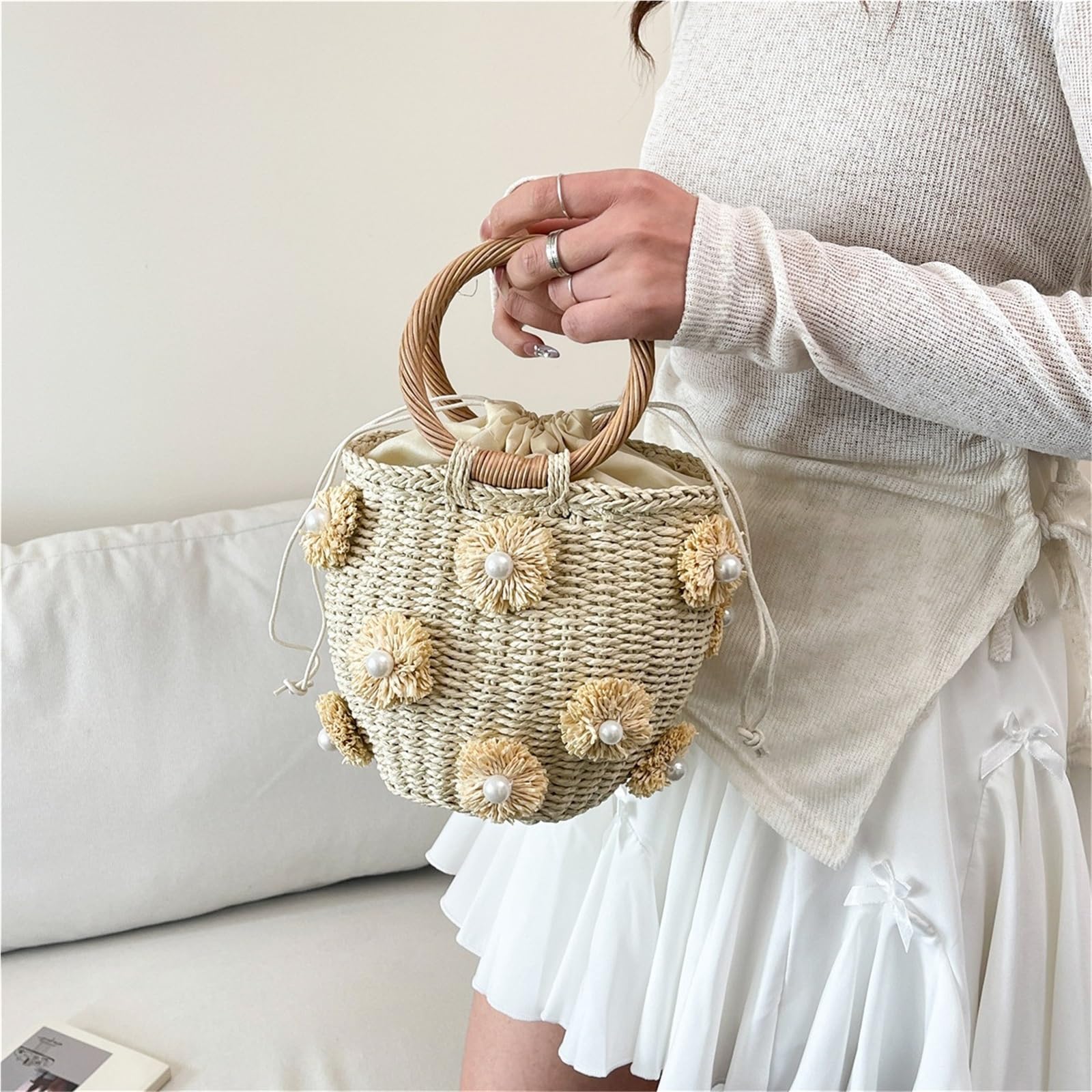 borsa donna estiva Borse a secchiello con strass impreziosite da cristalli fatti a mano in paglia viaggio donna
