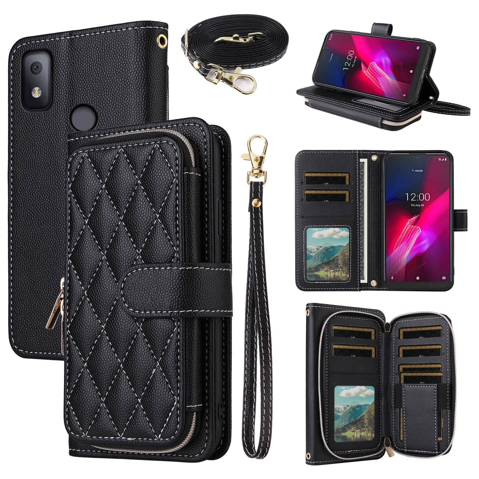 Dswteny Argyle Wallet Case for T-Mobile Revvl 4 with Wrist Strap Shoulder Strap, Zipper Flip Credit Stand Cell Phone Cover for Tmobile Revvl4 T Mobile