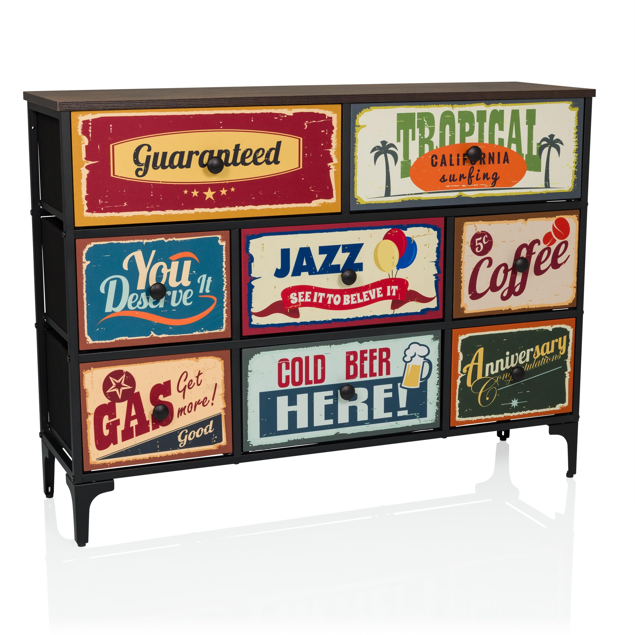 Kommode mit 8 Schubladen aus Vlies AMERIKO B 102,5x30x77,5 cm Schubladenschrank im Vintage-Look mit Motiven, Metall-Gestell