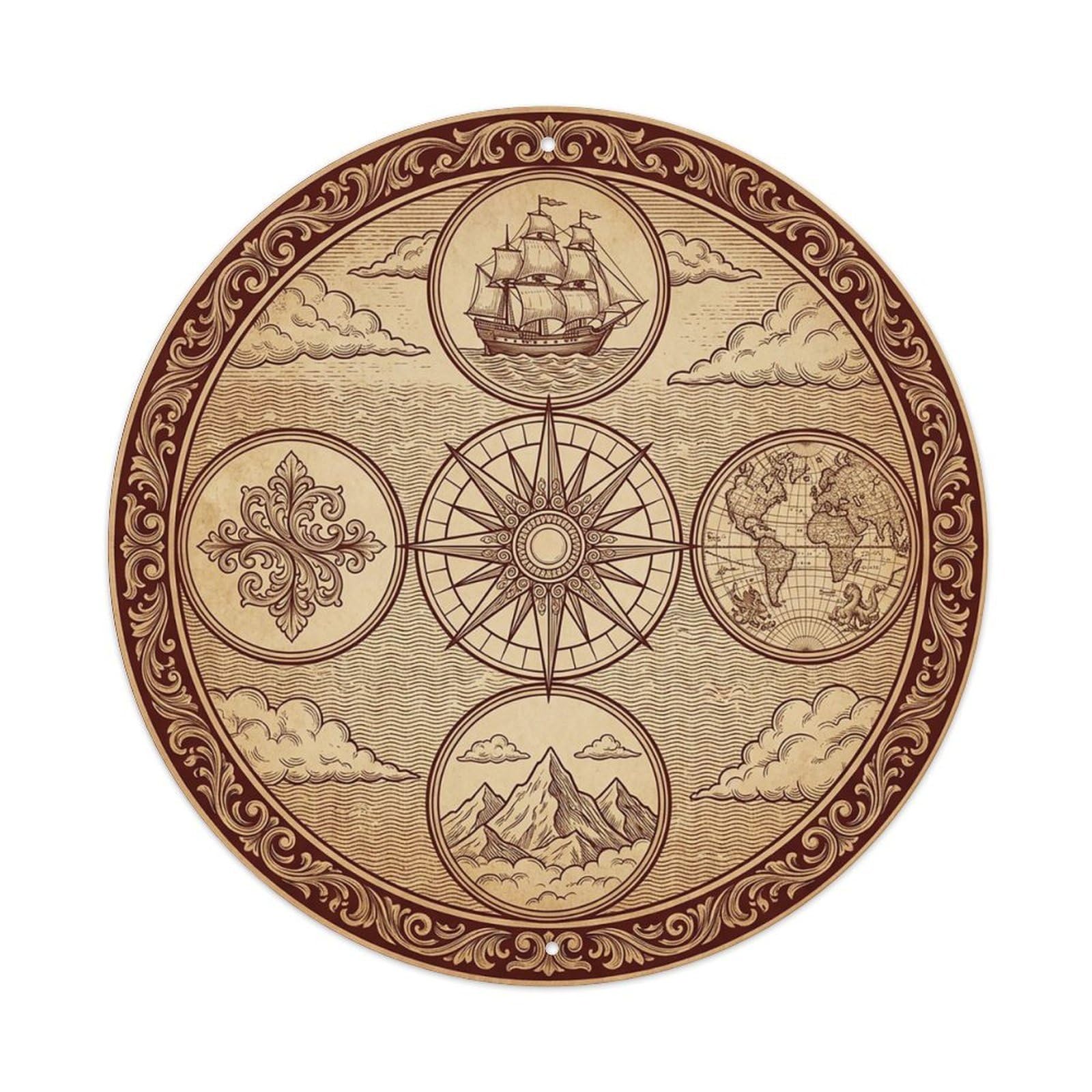 Vintage Nautical Compass World Map Sailing Heritage Metal Tin Sign