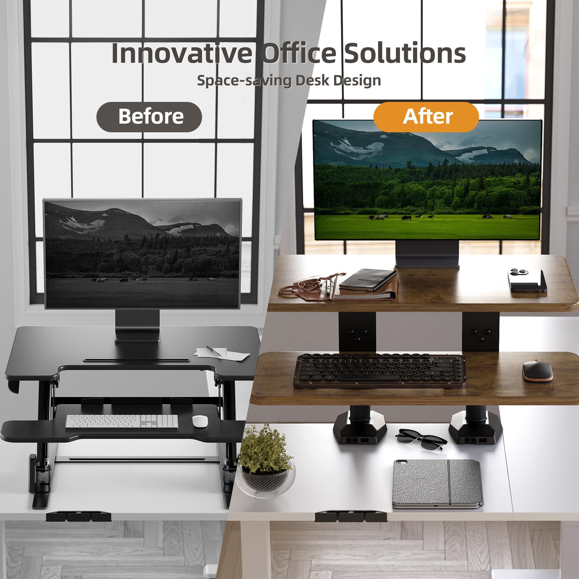 Claiks 61 cm Sitz-Steh-Arbeitsplatz, innovativer platzsparender, höhenverstellbarer ergonomischer Schreibtischkonverter mit breiter Tastaturablage, doppelter Fixierung und flexibler Drehfunktion