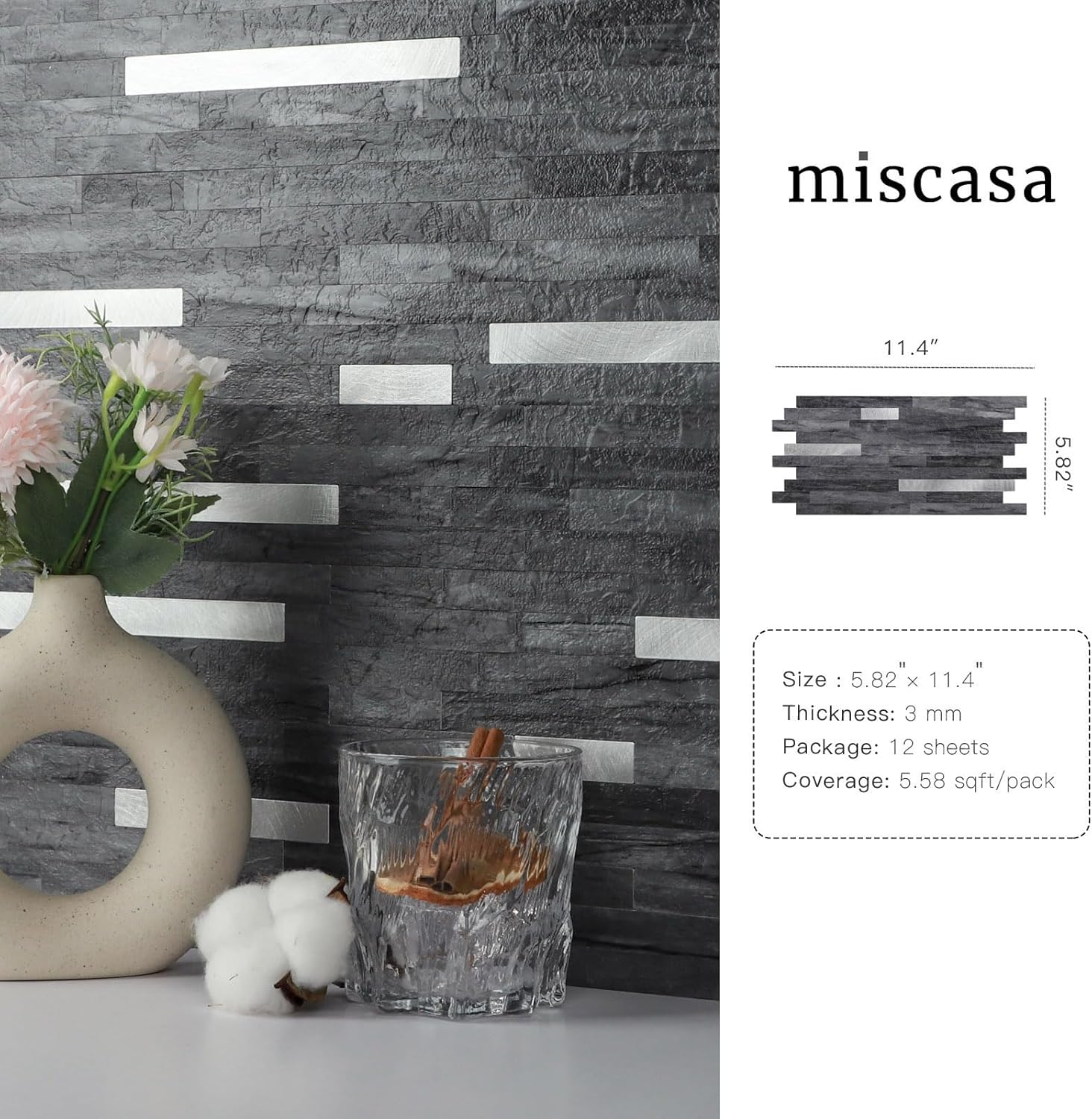 12-Sheet Peel and Stick Stone Backsplash, Slate Black Grey 3D Realistic Marble Wall Tiles Stick on Backsplash for Kitchen Bathroom (5.82 sq.ft/Pack)