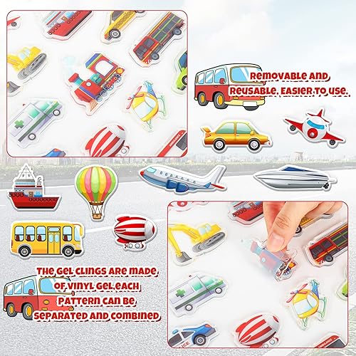 Miniatura 6 de Whaline 40 calcomanías de gel grueso de transporte para ventana de vehículo, lindos autos de policía, aviones, barcos, autobús, trenes, ventanas,