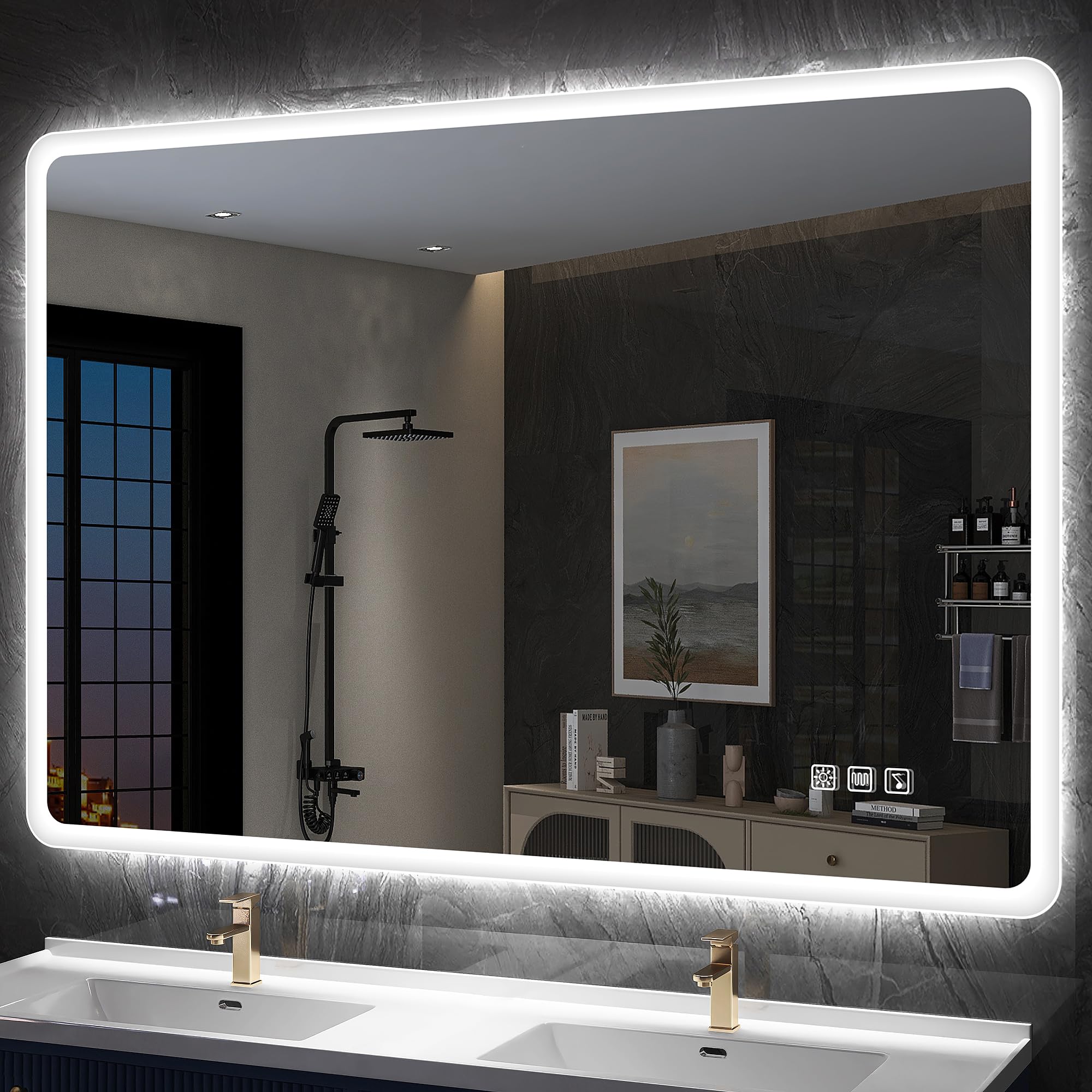 S'bagno 100 x 70 cm Specchio Bagno con Luce, Specchio Retroilluminato Bagno con sistema di oscuramento e cambio colore antiappannamento, Specchio LED Bagno with con altoparlante bluetooth