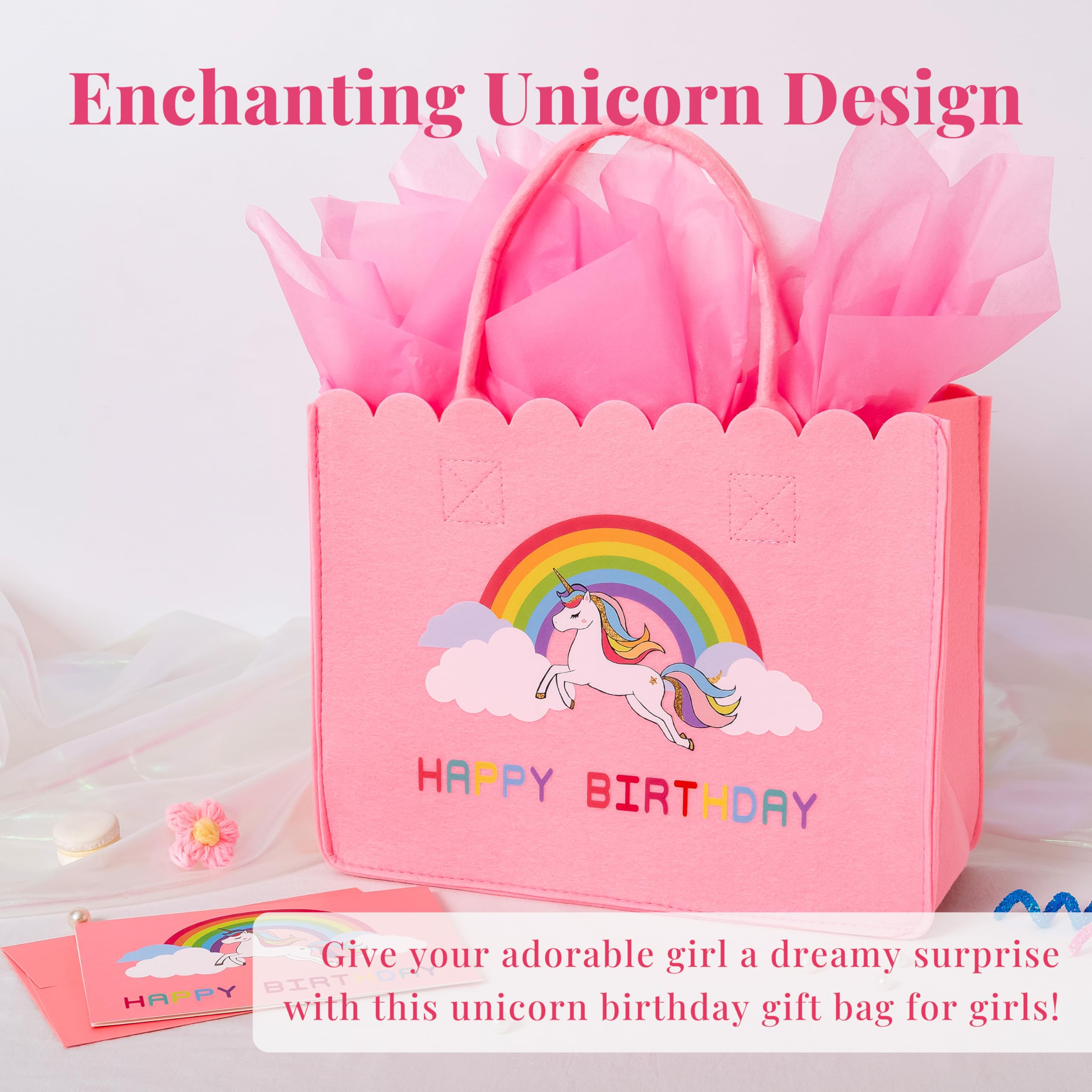 Crisky Felt Unicorn Gift Bag for Girls, Reusable Unicorn Birthday Gift Bags for Girls with Birthday Card, Pink Tote Bag for 4th 5th 6th 7th 8th 9th 10th Bday Party Decorations Gifts Ideas
