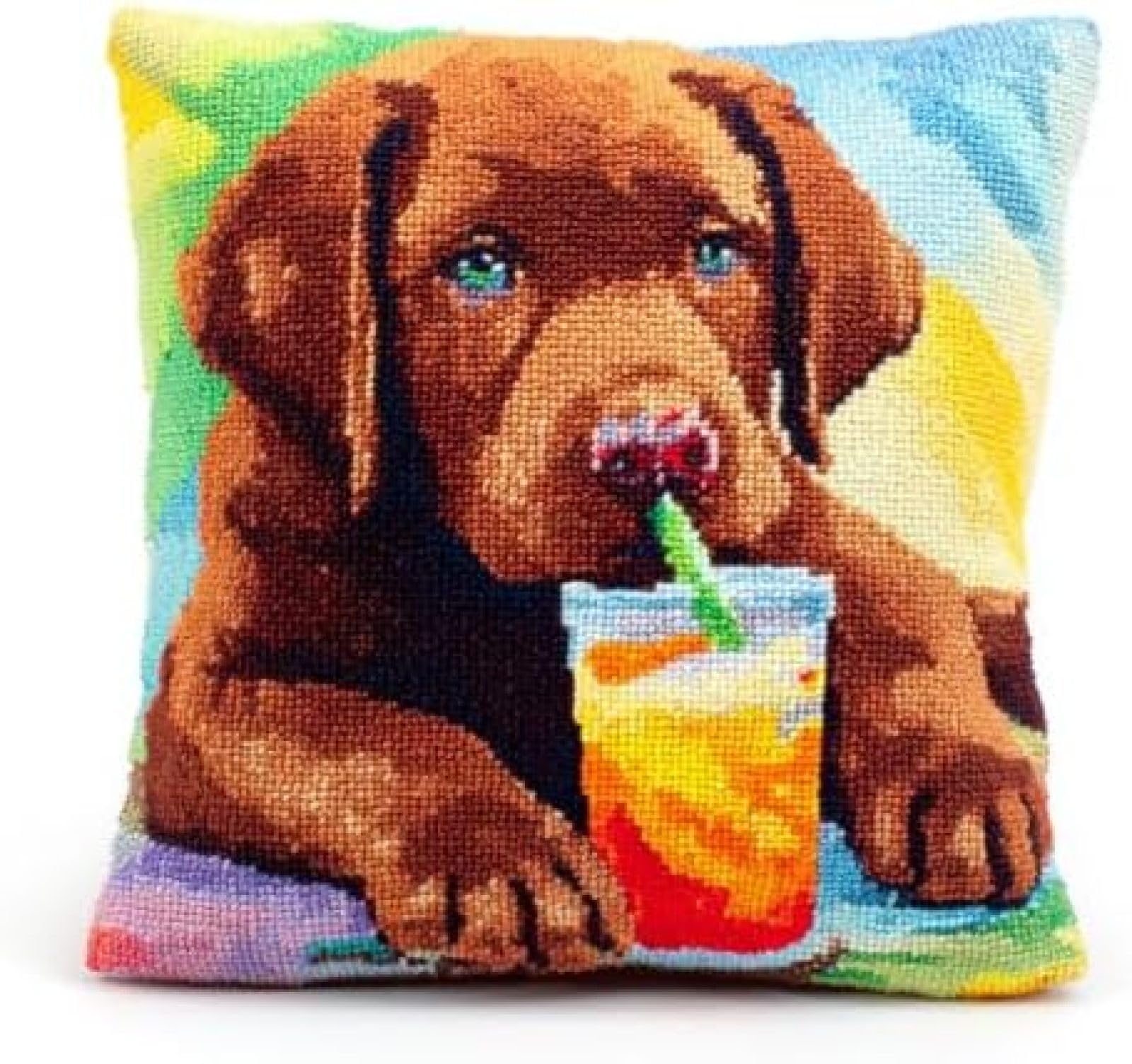 kitphoenix Adults Latch Hook Kit Cushion Cover,Retriever Drink Juice,Beginner DIY Embroidery Crochet Craft Kit with Pre-Printed Canvas,Yarn & Hook,43x43 cm Decorative Pillow Cover Set