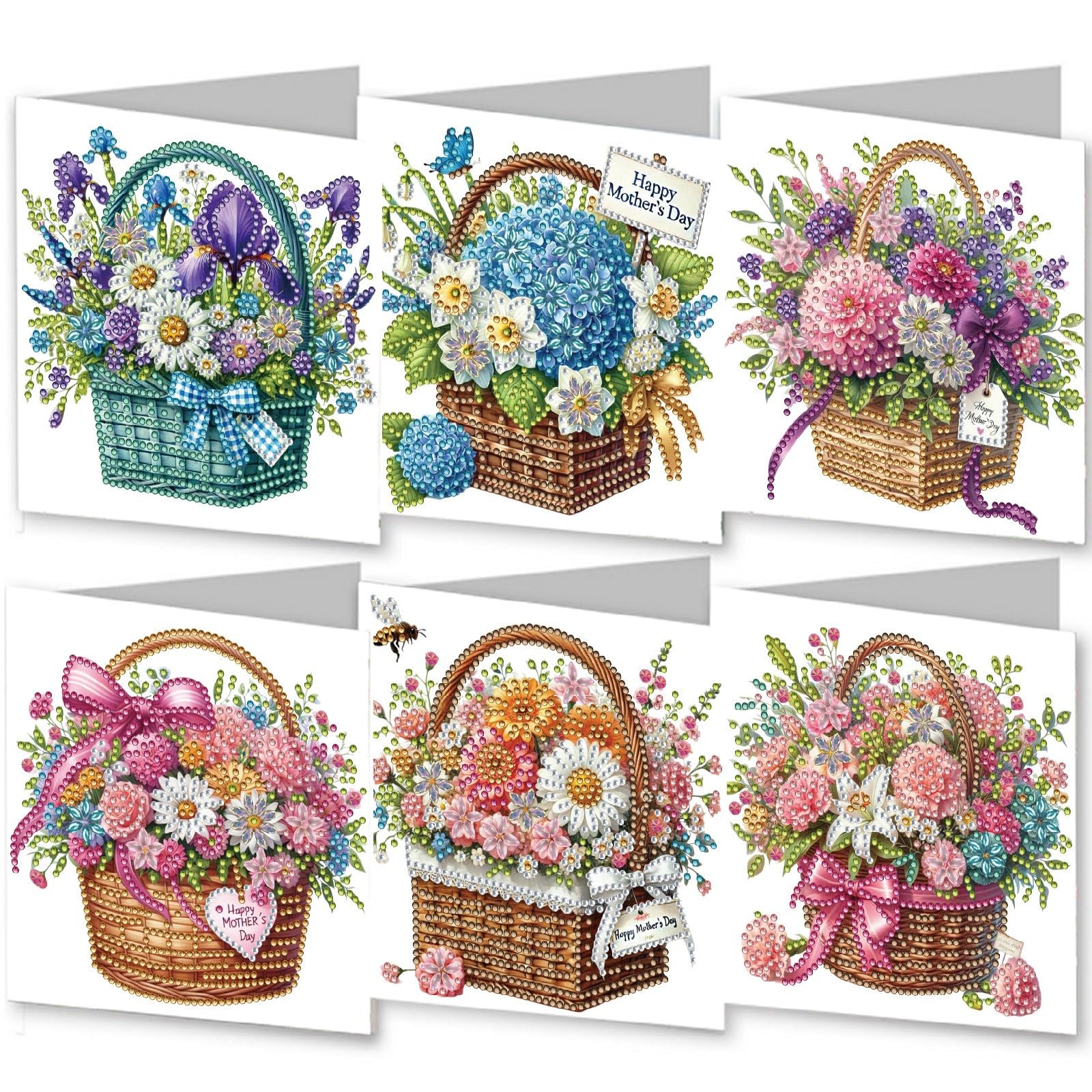 6PCS DIY Diamond Art Cards with Envelopes, 5D Diamond Art Painting Greeting Cards Happy Birthday Holiday Card Kits Present-10-Flower Basket