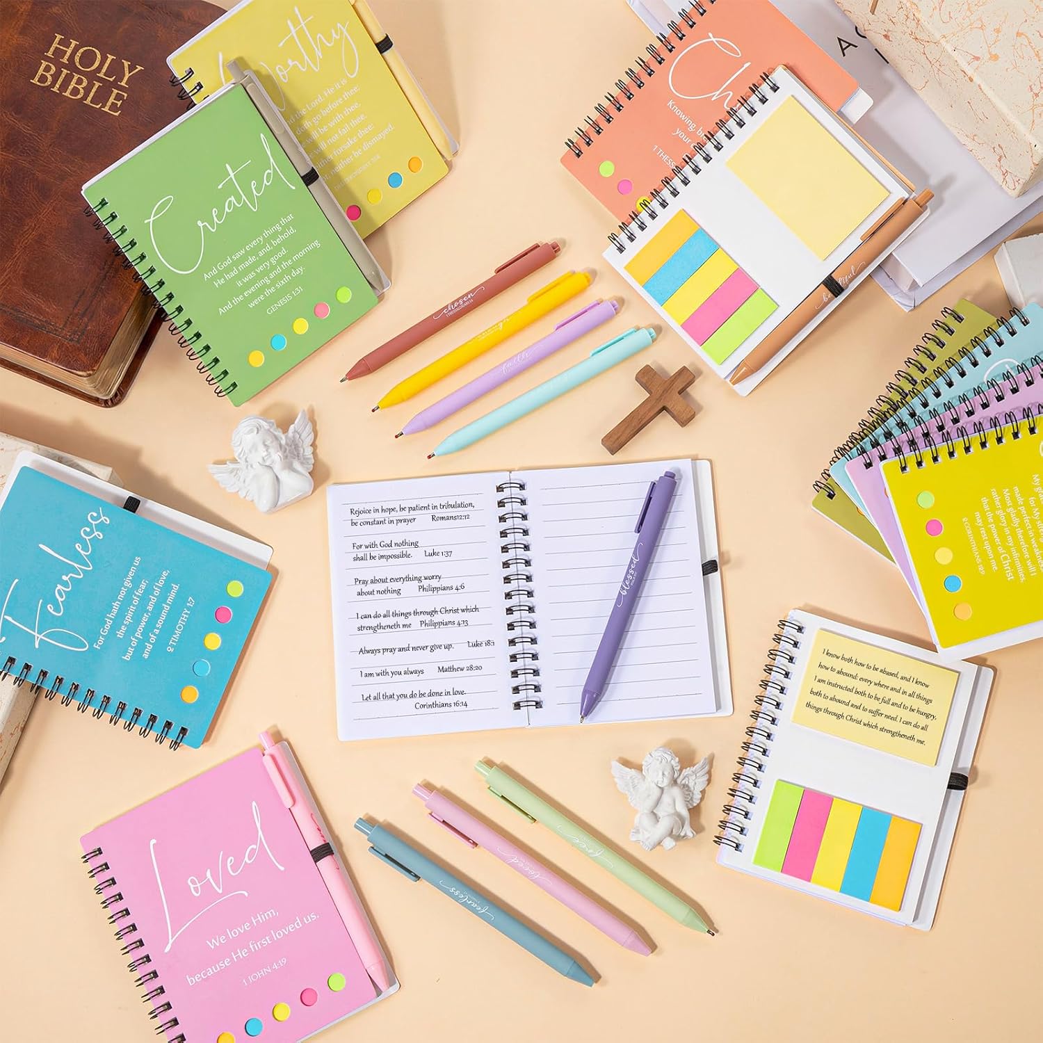 Kosiz 24 Sets/48 Pcs Easter Christian Gifts Bulk Inspirational Prayer Journal Christian Scripture Notebook with Bible Pen Religious Church Gift for Mothers Day Women Men Dad (Simple,Macaron Color)