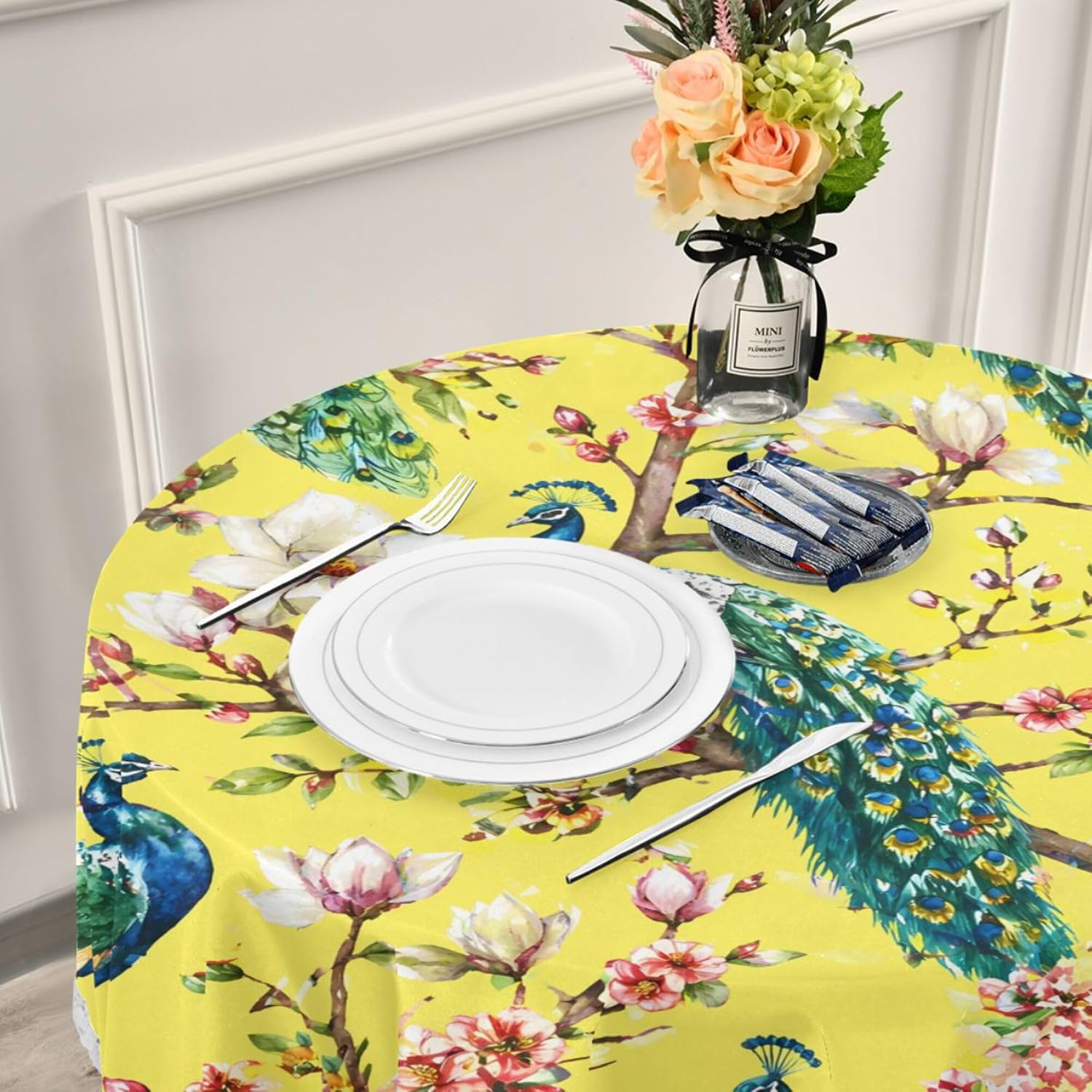 MNSRUU Round Tablecloth Animal Peacock and Plum Table Cover Round 60" Waterproof Table Protector for Outdoor Wedding Party Dining Room Table