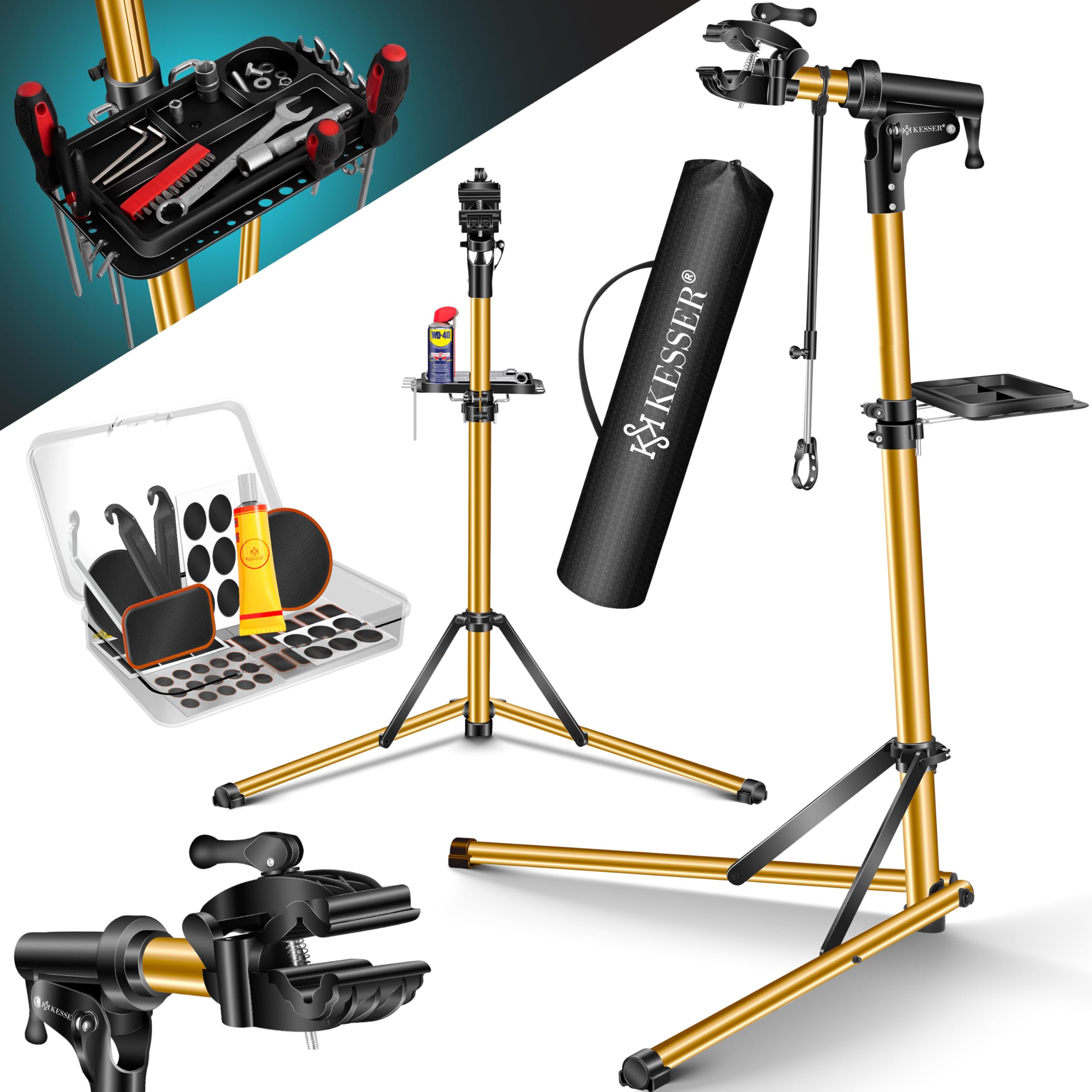 KESSER® Fahrradmontageständer Profi Alu Reparaturständer für Fahrräder Mountainbikes E-Bikes Schwerlast-Montageständer Fahrradständer 360° drehbar + Tasche, Flickzeug Set & magnetische Werkzeugablage