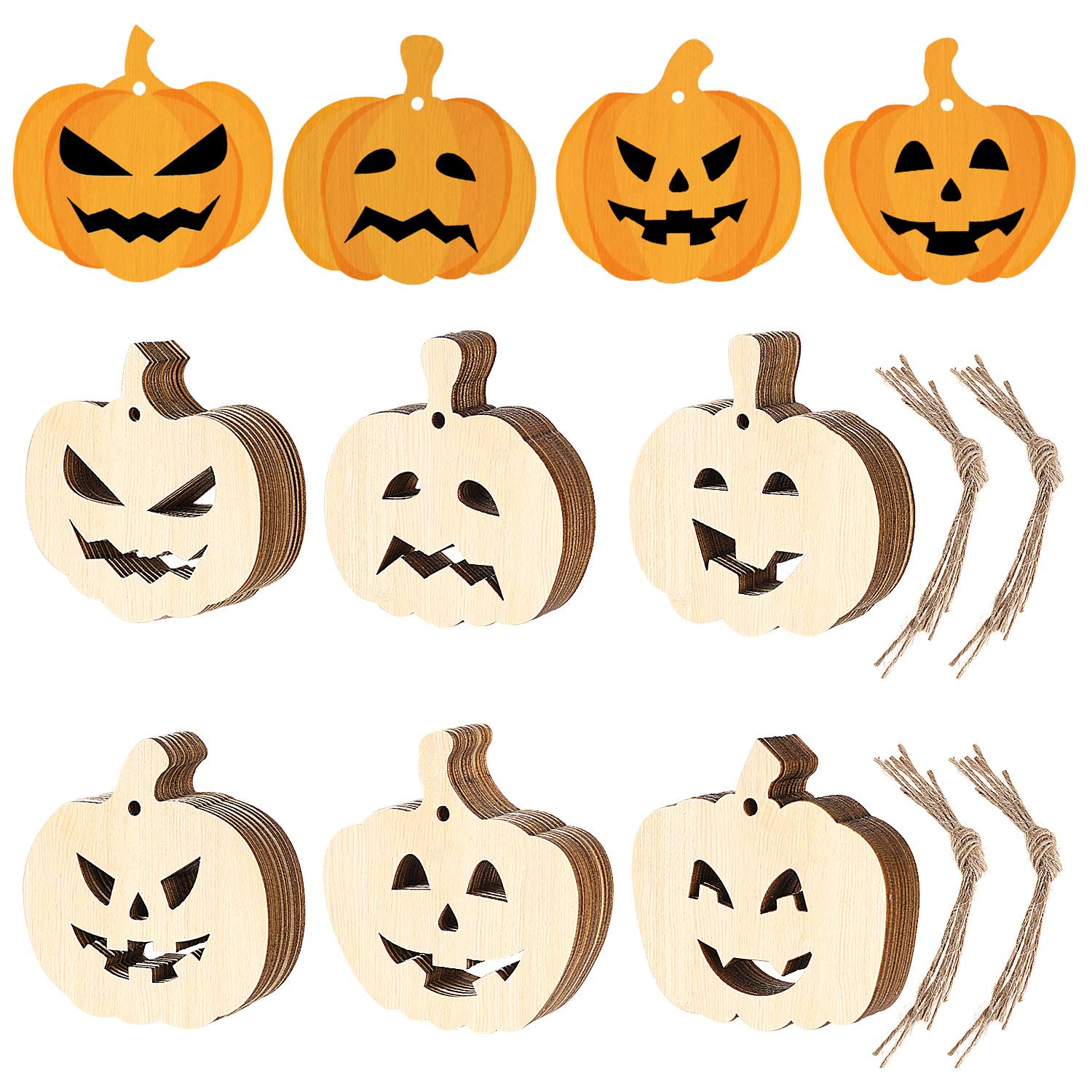 60 Pieces Halloween Unfinished Ornaments Pumpkin Expression Wooden Ornaments Halloween Hanging Embellishment Crafts with Ropes for Halloween DIY Crafts Making Supplies