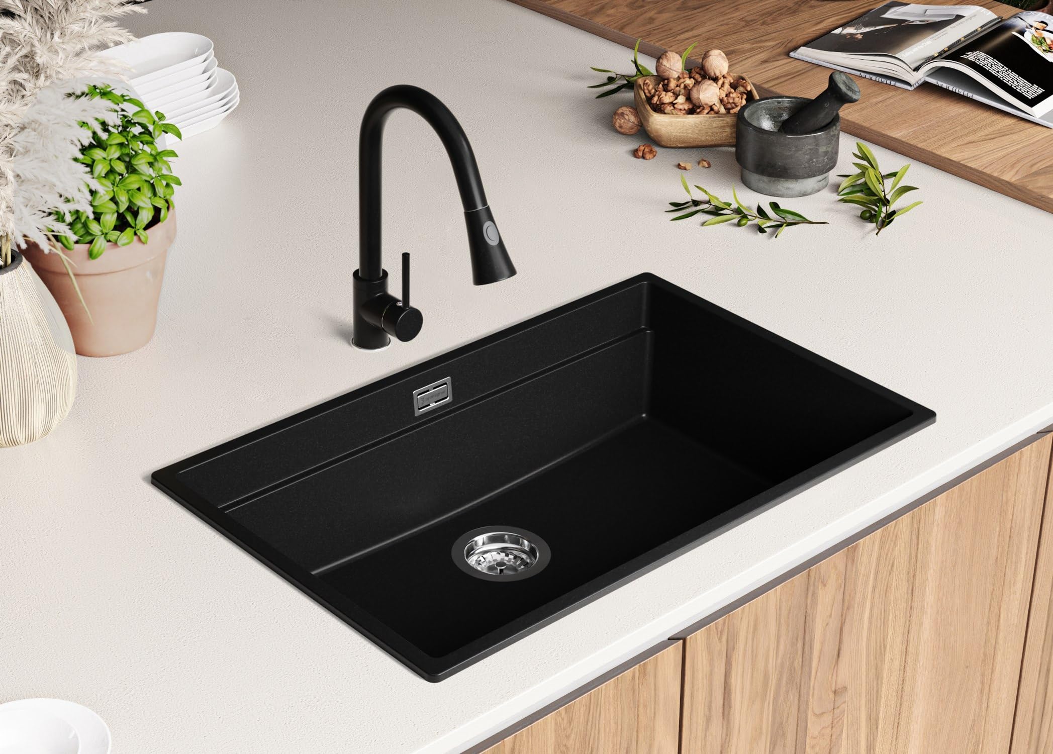 PRIMAGRAN Lavello da Cucina Tutto Nero 76x47cm, Lavandino in Granito a 1 vasca + Set di accessori, Lavabo da Cucina Incasso al Mobile 80cm - Prague Level Slim S547